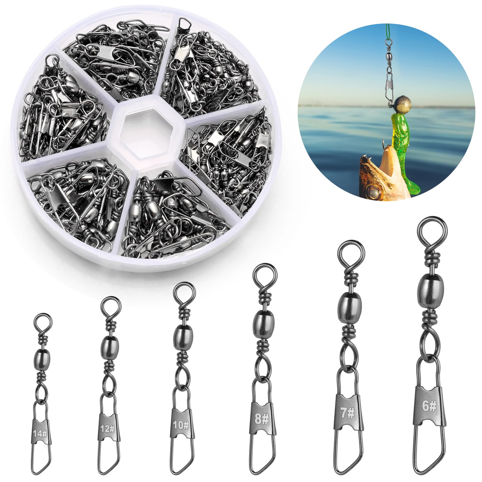VEPEPE 100 Pcs Fishing Swivels and Clips Stainless Steel Safety Swivels Fishing Tackle Quick Change Snap Swivel 6 Sizes 6#7#8#10#12#14#for Saltwater Freshwater Fishings