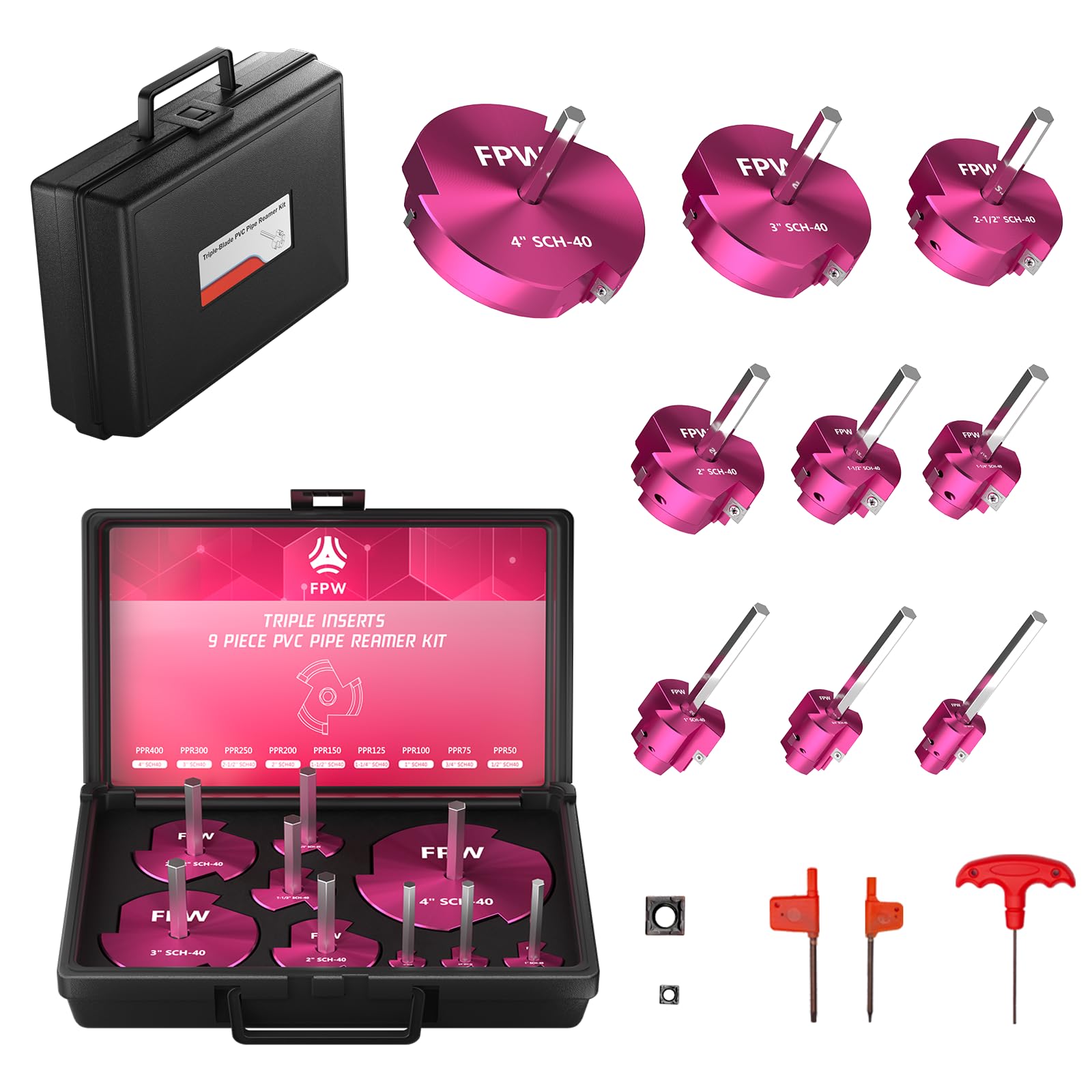 Photo 1 of Original Design Patent Triple Inserts 9 Pcs PVC Pipe Reamer Kit, PVC Fitting Saver, Pipe Tools Contains 1/2", 3/4", 1", 1-1/4", 1-1/2", 2", 2-1/2", 3", 4" and 2 Replacement Carbide Inserts for SCH40