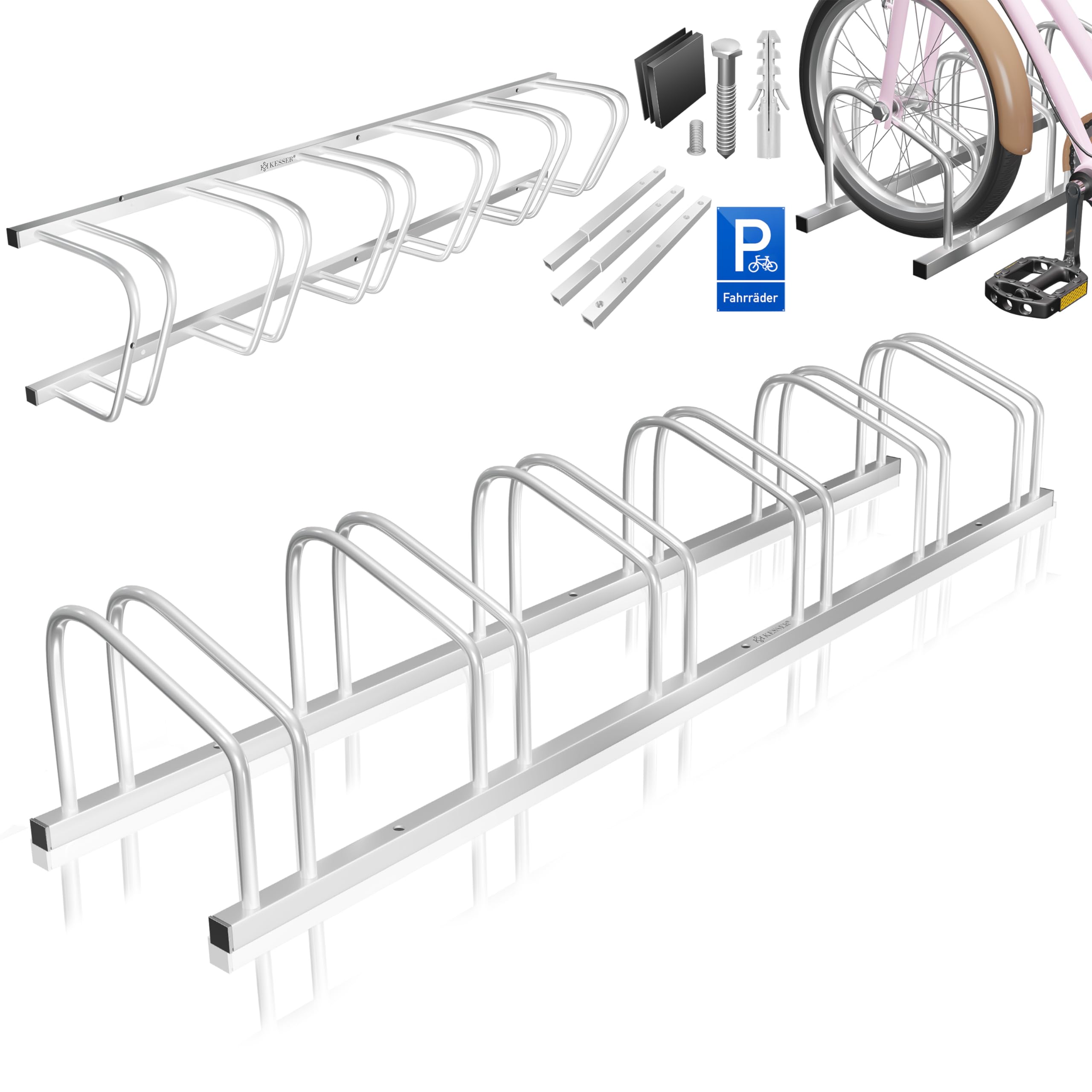 KESSER® Fahrradständer für 6 Fahrräder inkl. Parkschild | Mehrfachständer mit 37cm Radabstand für 30-65mm Reifenbreite | Fahrradhalter Aufstellständer für Boden- oder Wandmontage | Radständer Silber