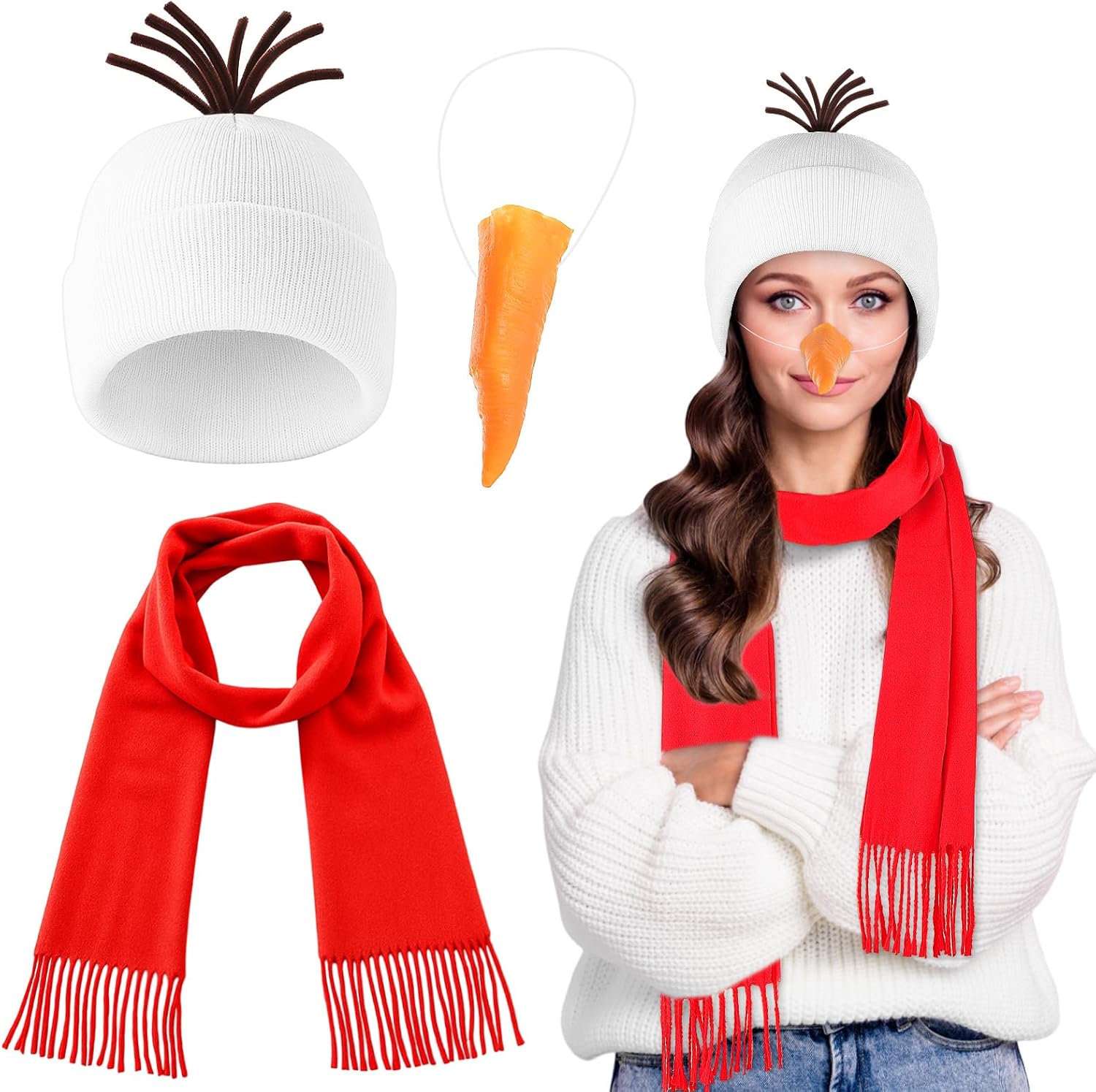 Toulite 3 Pcs Snowman Costume Kit Unisex Frosty Winter Snowman White Beanie Hats Carrot Nose and Red Scarf for Christmas Costume Cosplay