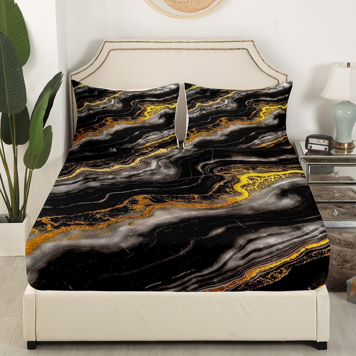 Golden Black Marble Bed Sheets Set Twin Size Kids Modern Aesthetic Fitted Sheet with Deep Pocket Boys Girls Retro Watercolor Artwork Bedding Set Abstract Texture Bedroom Decor Bedclothes