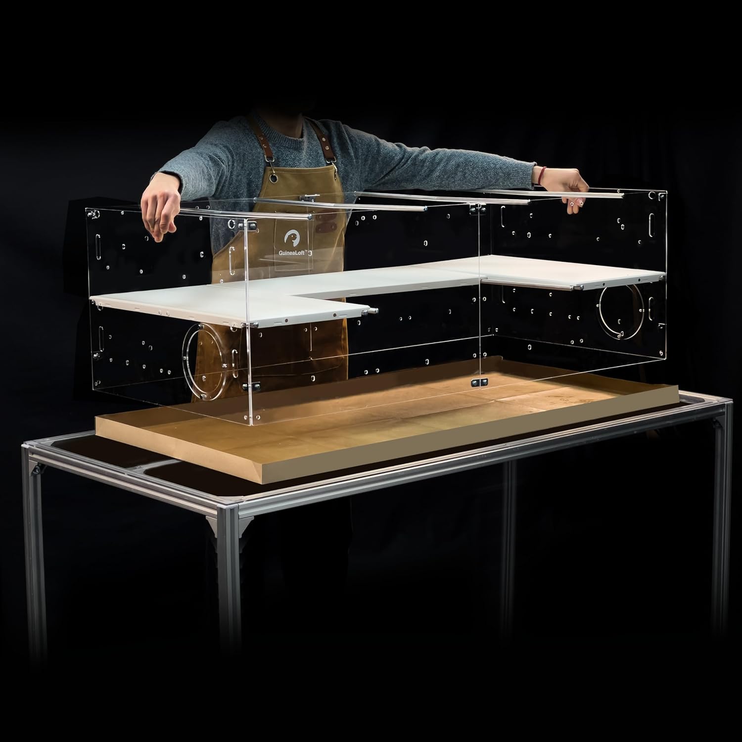 GuineaLoft™ Custom Acrylic Cage (Model-A3) for Guinea Pigs & Small Pets 4ftx2ftx1.33ft High Walls w/Options for 2nd Floor, Ramp, Lids, UV Printed Background, Personalized Name Plates, Extra Thickness