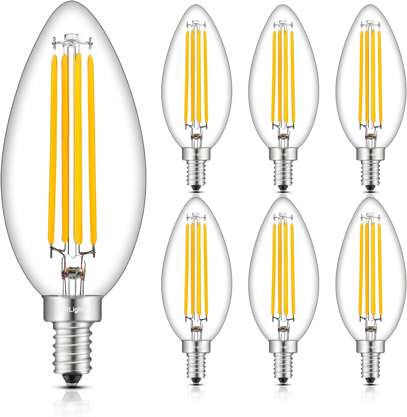 CRLight 8W Dimmable Large LED Candelabra Bulb 80W Equivalent 800Lumen, 3000K Soft White, Lengthened & Enlarged B17 Clear Candle E12 LED Filament Chandelier Light, Smooth Dimming Version, 6 Pack