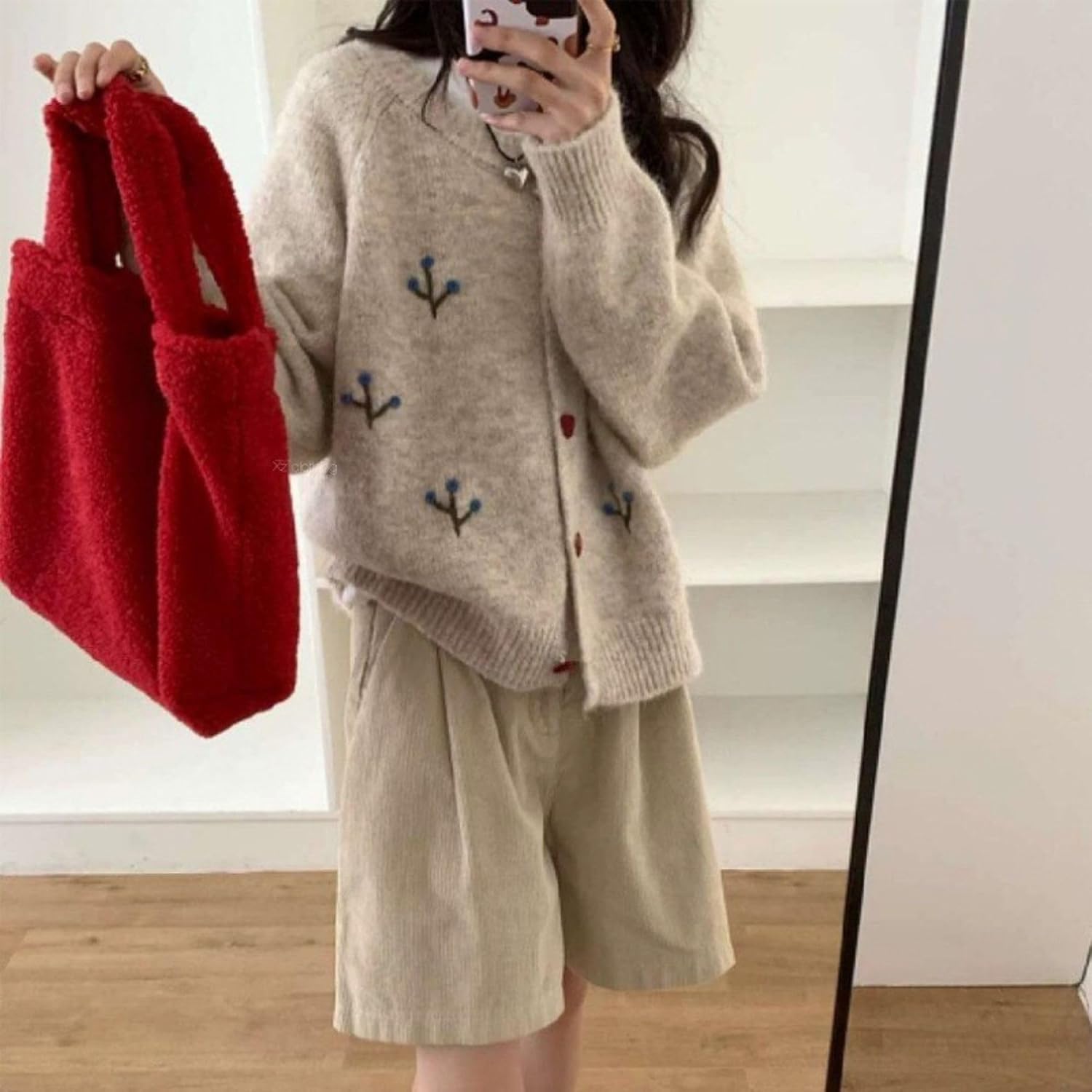 FindThy Women’s Floral Embroidery Cardigan Sweater Cute Heart Button Crewneck Long Sleeve Knitted Outerwear