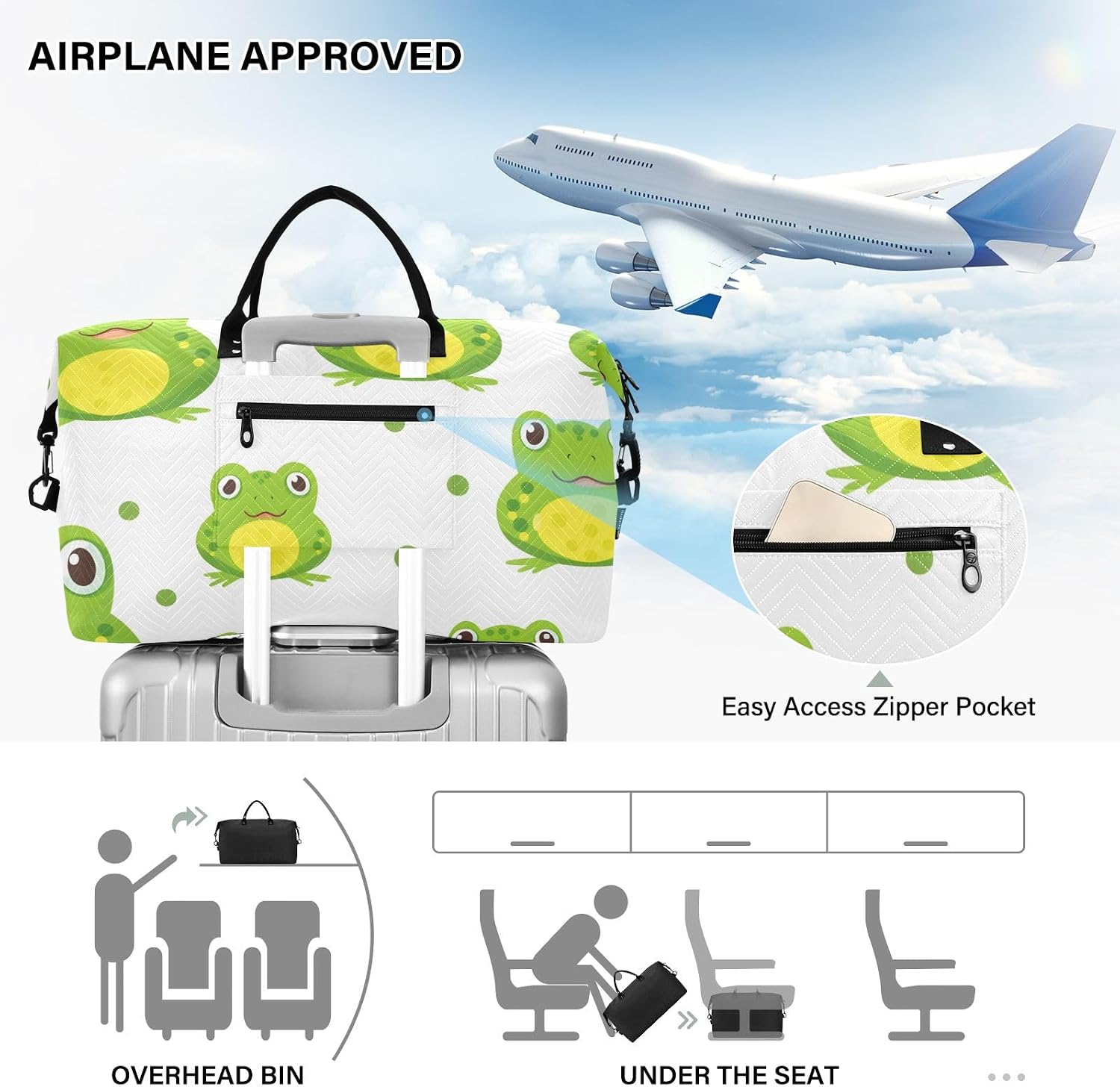 Travel Duffle Bag, Green Frog Gym Bag with Storage Bag Weekender Overnight Bag for Men Women Trip Sports Yoga