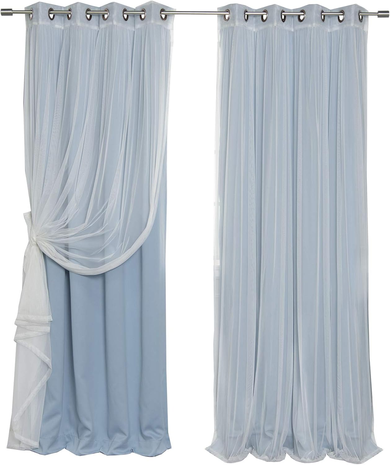 Best Home Fashion Mix & Match Tulle Sheer Lace & Blackout Curtain Set - Antique Bronze Grommet Top - ocean - 52"W X 84"L - (2 Curtains and 2 Sheer curtains)