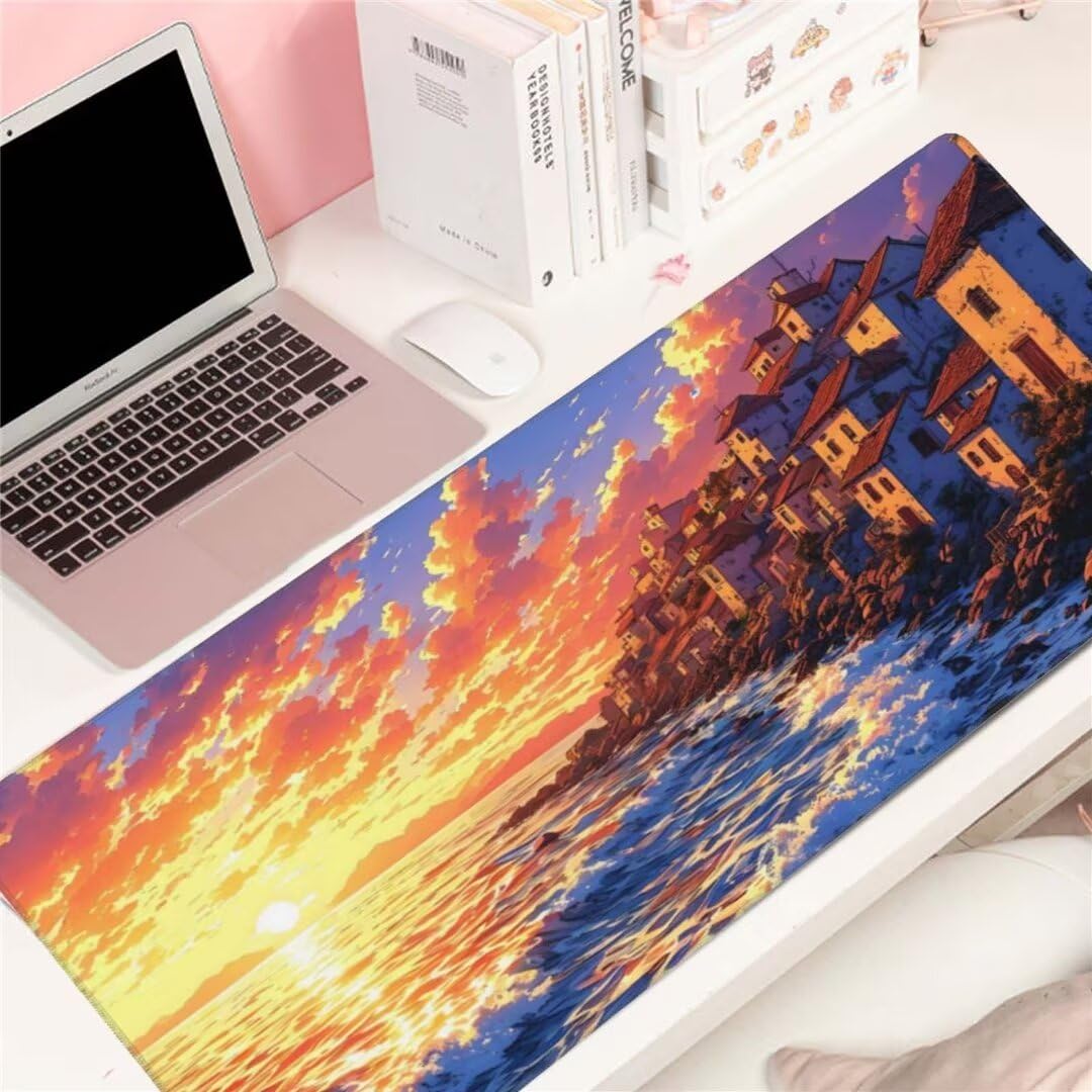 Alfombrilla de ratón 1400x600x3 MM, Alfombrilla Ratón XXL Extendida de Gran Tamaño con Bordes Cosidos, Base de Goma Antideslizante Almohadilla para Teclado, Costa del Atardecer S-8177