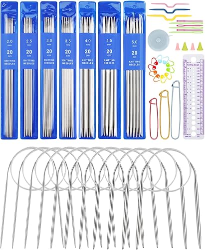 Juego de 2 agujas de tejer de doble punta, juego de agujas de tejer circulares, agujas de tejer cortas y largas de acero inoxidable con agujas de