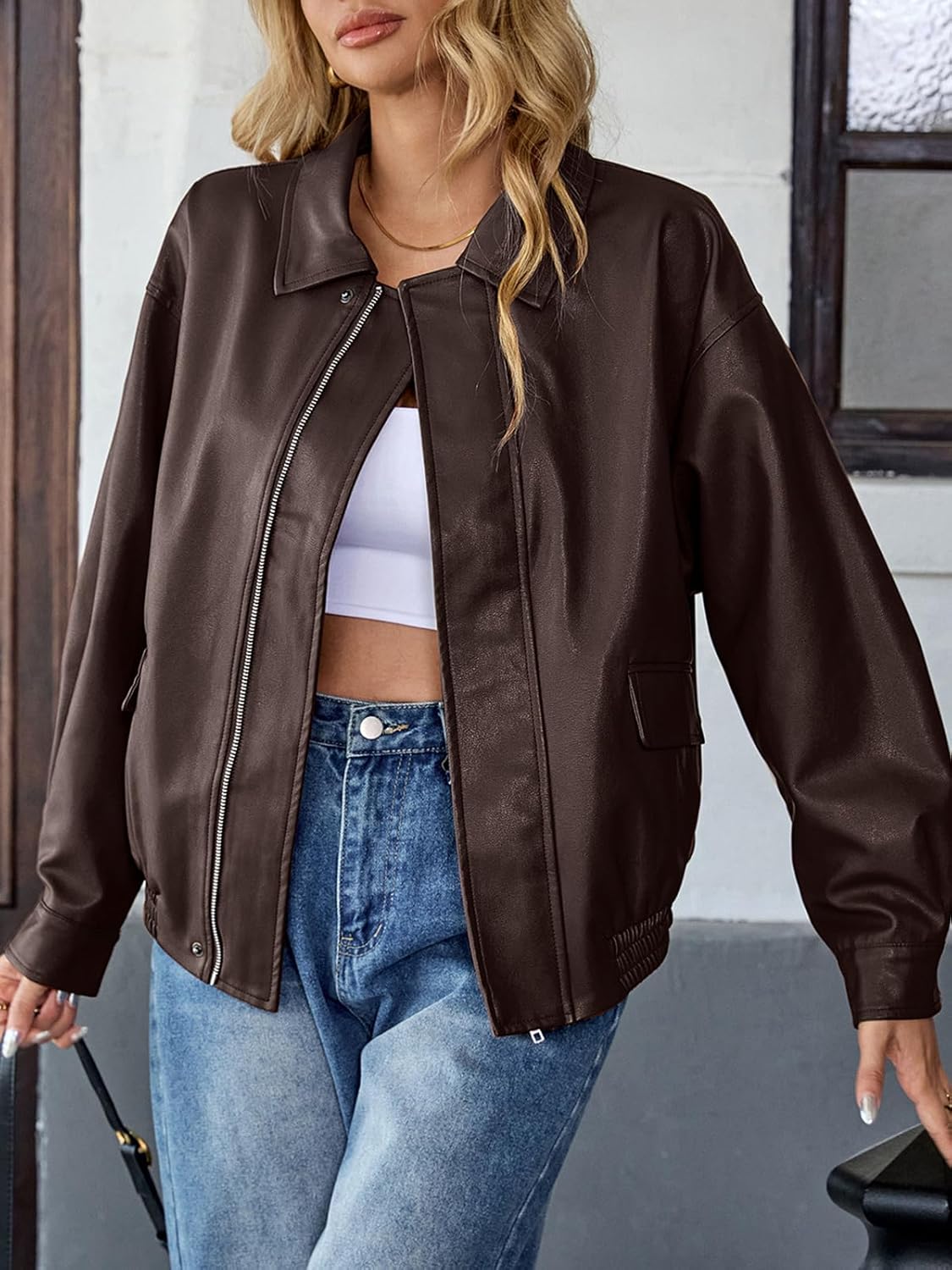 WOWULOVELY Women's Faux Leather Jacket Trendy Bomber Motorcycle Zip Up Coats Oversized Fall Fashion Outfits Winter Outerwear - Image 5