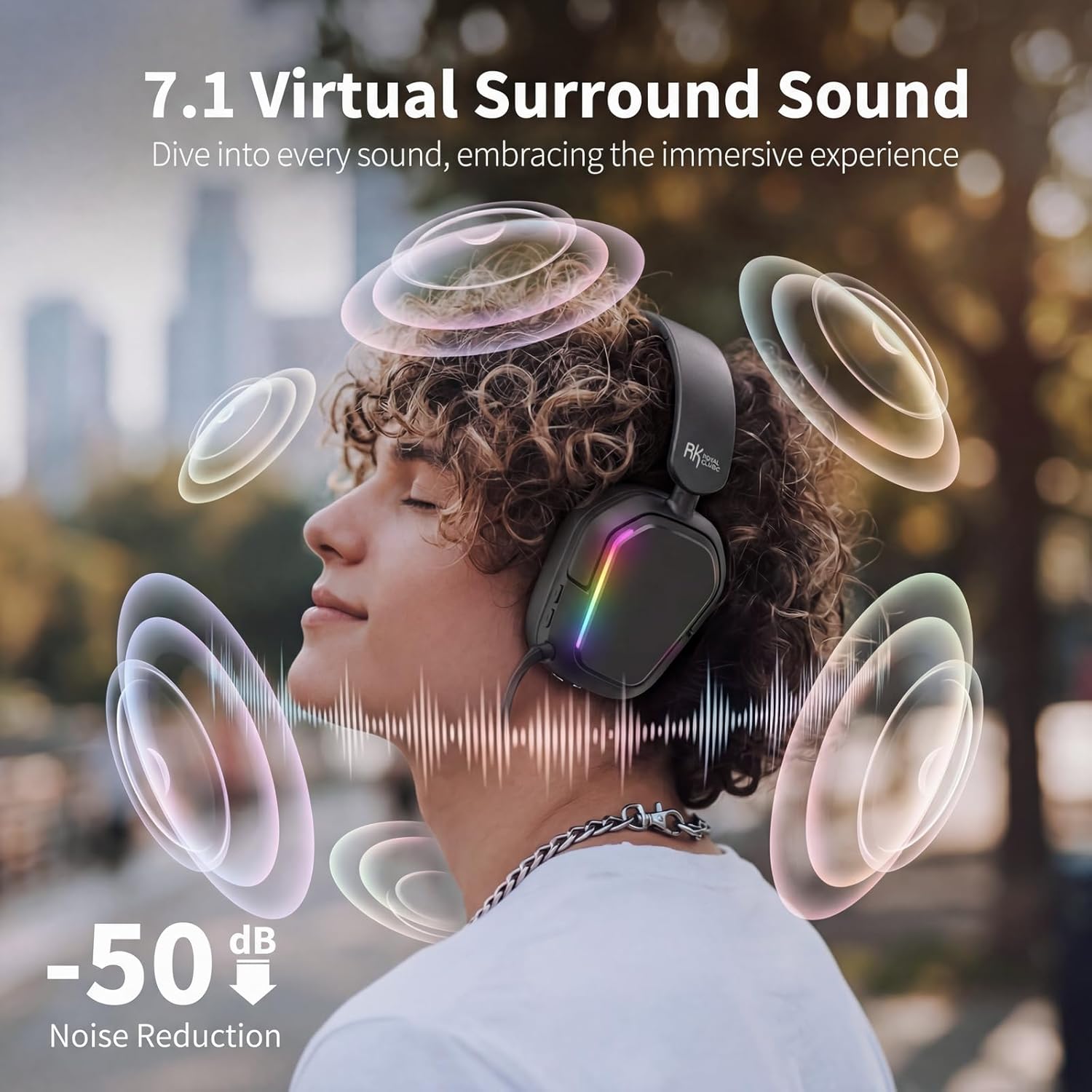 RK ROYAL KLUDGE HG101 Wireless Gaming Headset, 7.1 Surround Sound, Stereo Wired Headphones with Retractable Mic, Bluetooth 5.3, RGB, Memory Foam Ear Pads, Works with PC, PS4, PS5, Switch, Black