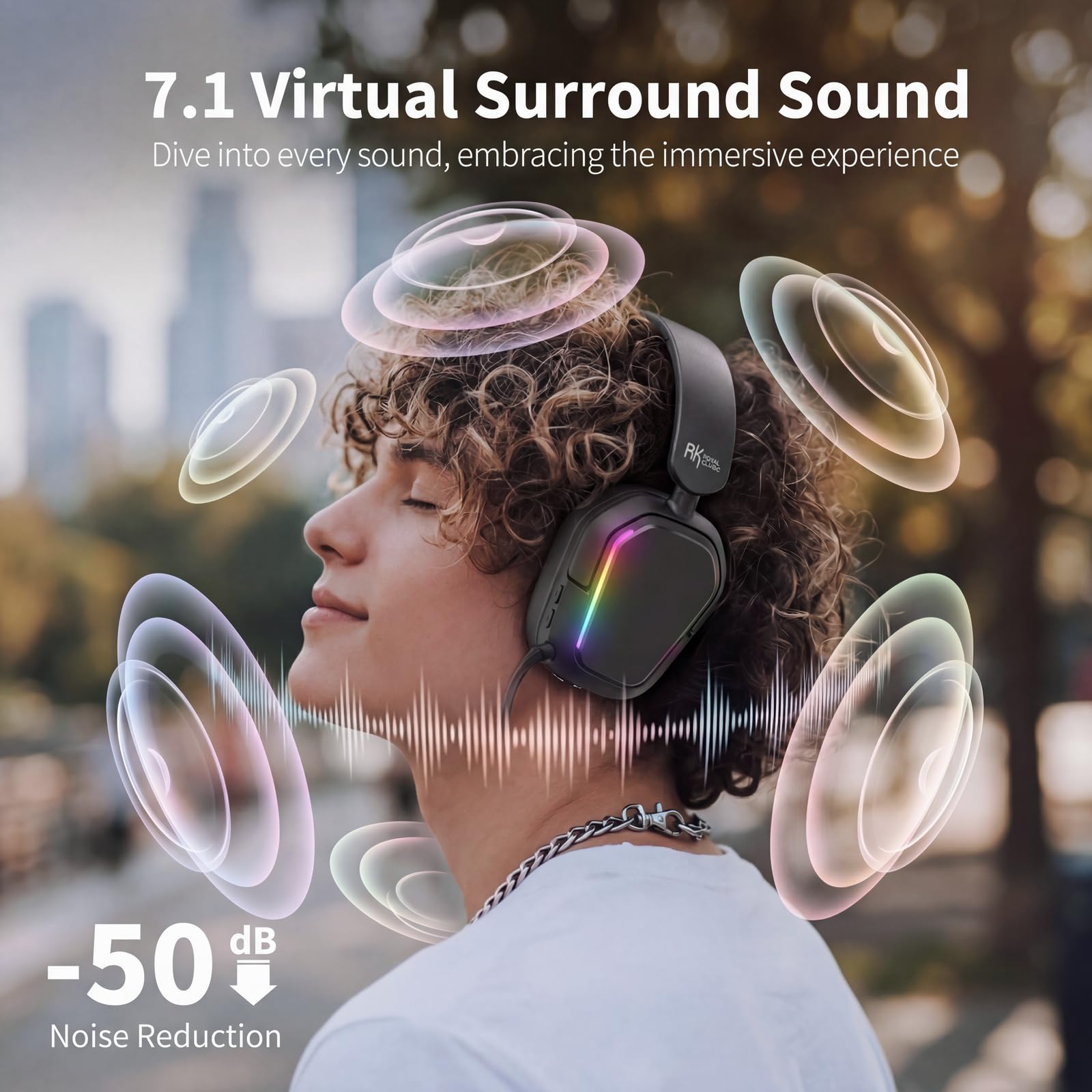 RK ROYAL KLUDGE HG101 Wireless Gaming Headset, 7.1 Surround Sound, Stereo Wired Headphones with Retractable Mic, Bluetooth 5.3, RGB, Memory Foam Ear Pads, Works with PC, PS4, PS5, Switch, Black - 4