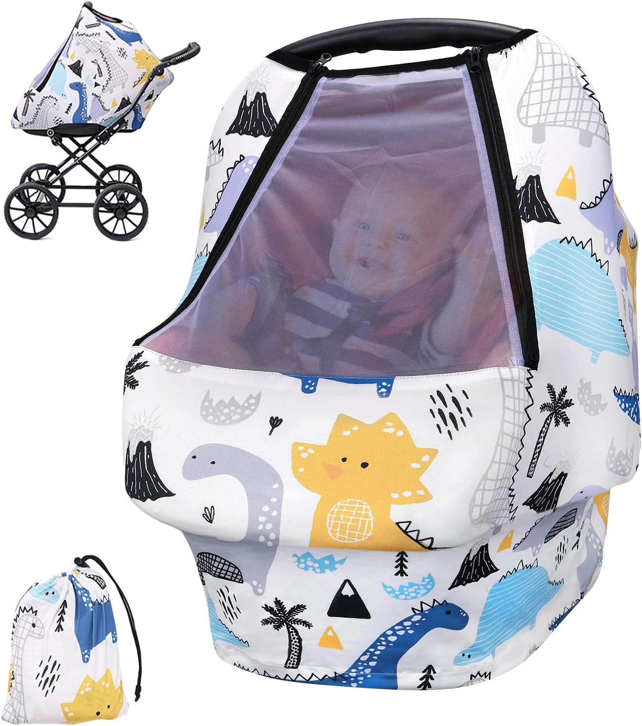 Baby Car Seat Covers, Car Seat Cover for Baby with Breathable Peep Window, Stretchy Nursing Covers Suitable All Seasons, Boys and Girls Shower Gifts, Breastfeeding Covers, Universal Fit, Dinosaur