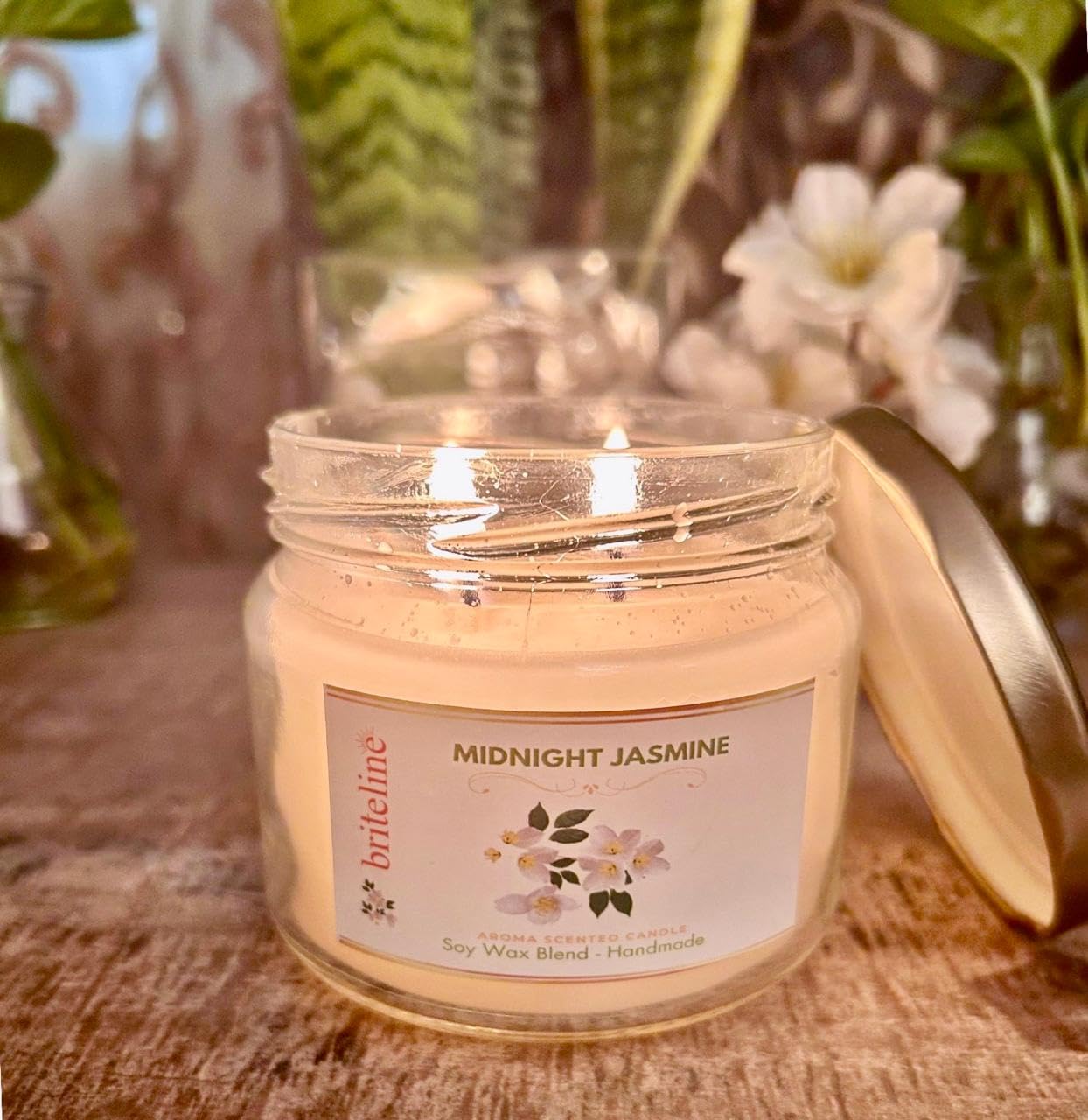 Briteline Scented Soy Wax Candle, 500 gm, 35-40 Hrs| Luxury Aroma Therapy Votive Jar with 2 Aromatic Tea Lights | Scented Candles for Home Decor Gift Set | Fragrance Midnight Jasmine