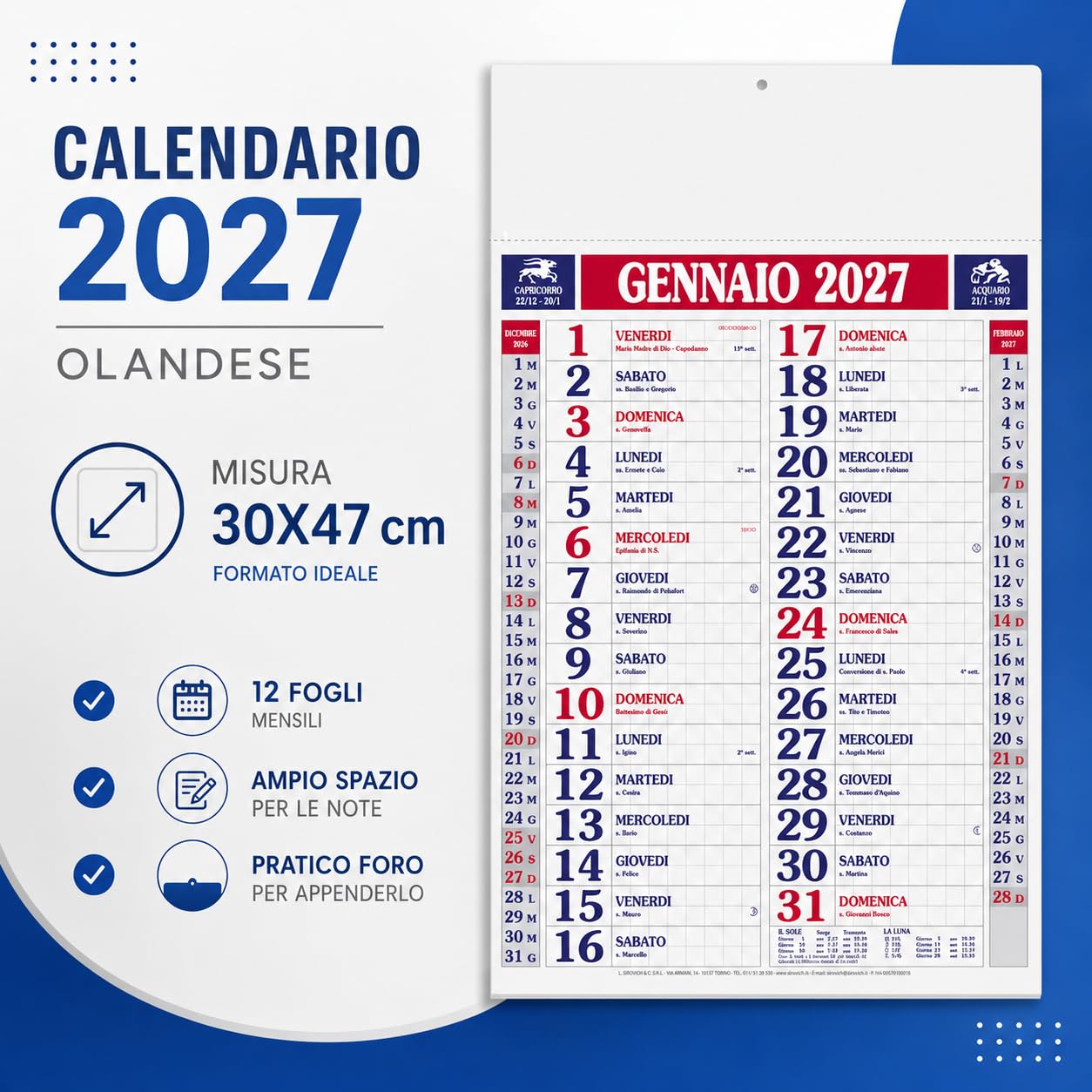 Calendari Personalizzati 2027 in Stock da 100 Pezzi Olandesi Grandi da Muro Notes sul Retro per Gadget Pubblicitari di Fine Anno e come Omaggio per i Clienti o Regali Aziendali | PA610