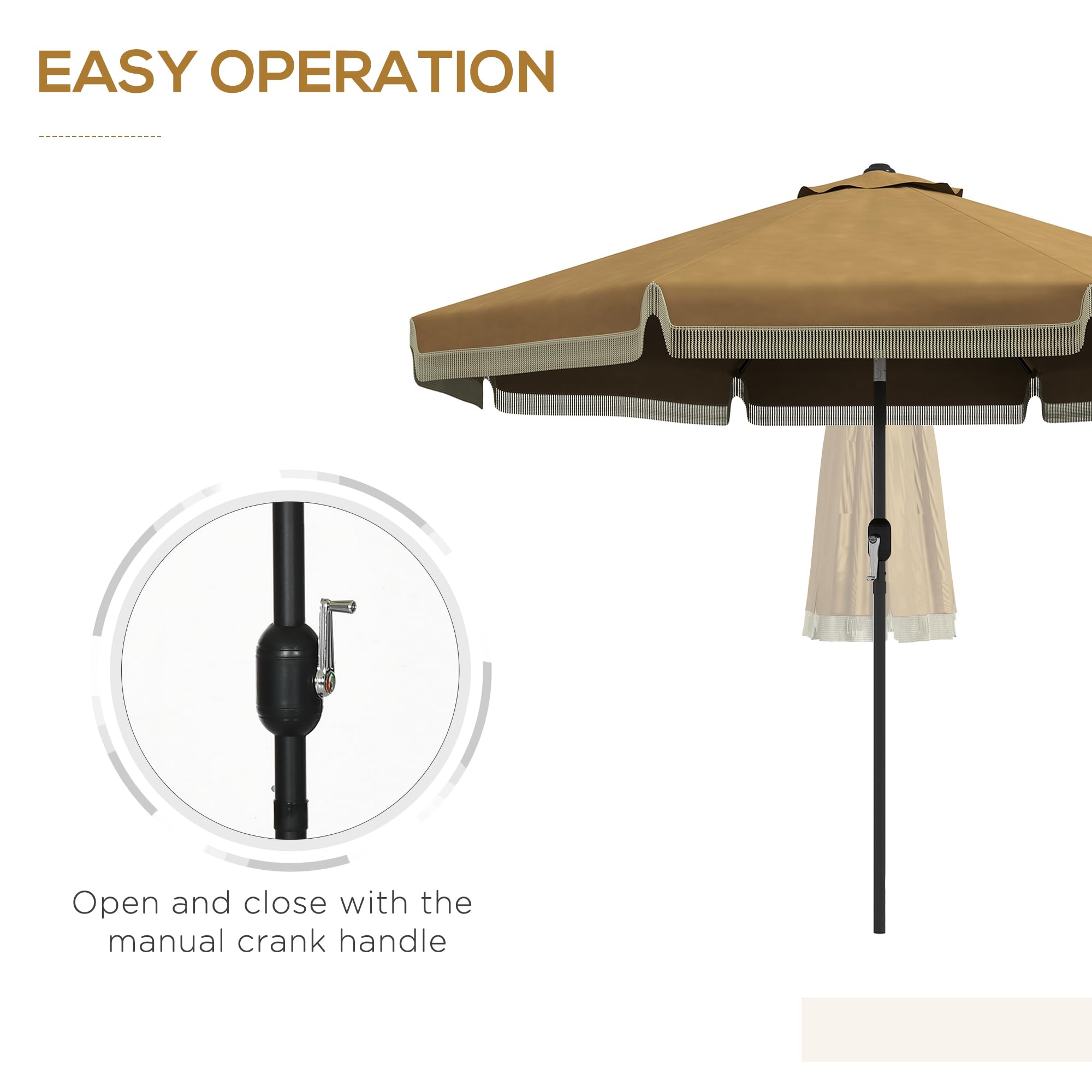 Outsunny Sonnenschirm mit Fransen neigbarer Strandschirm Ø265 cm Khaki