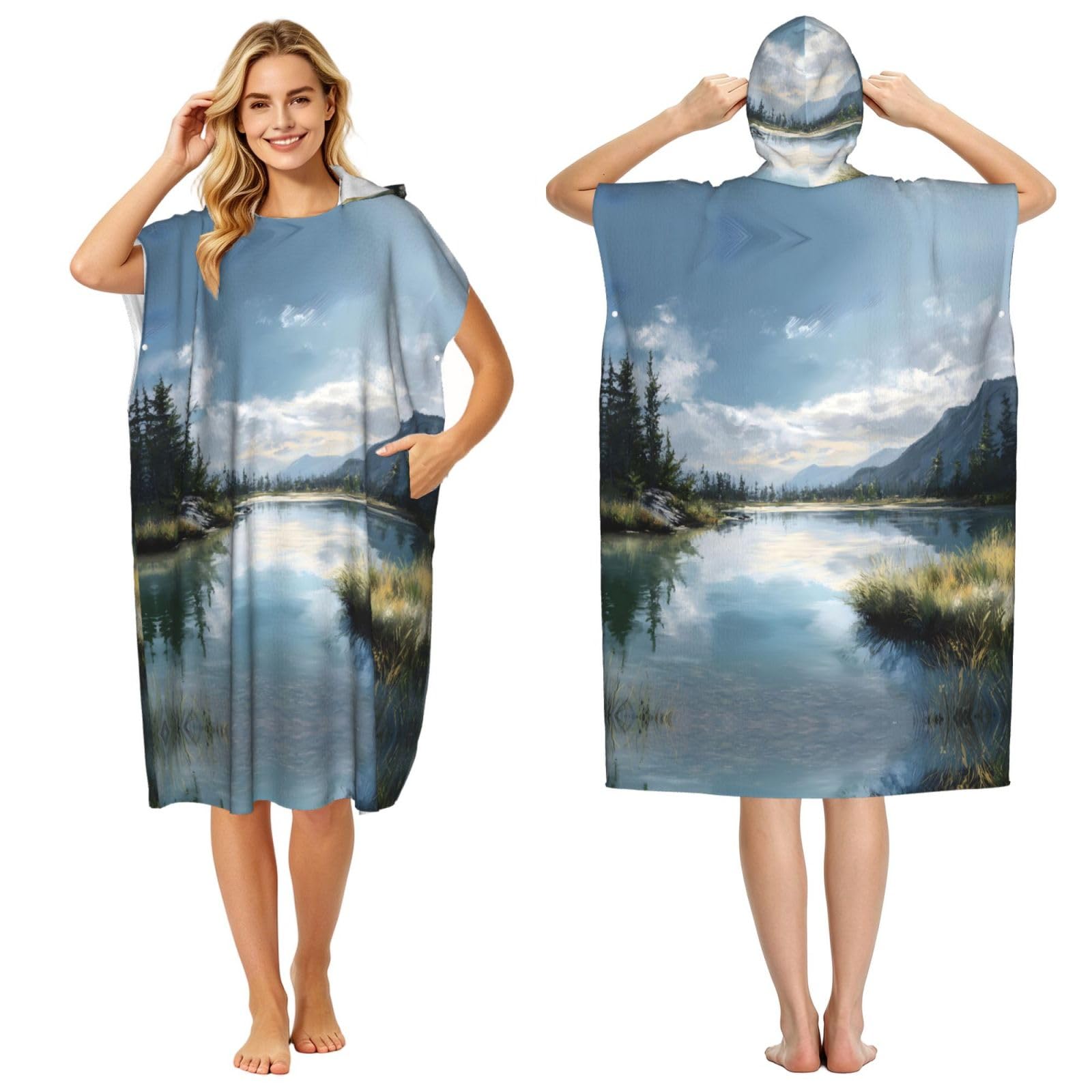 ESNAIUVCD Tranquil Lake Print Changing Robe, Hooded Towel Poncho For Swimming Pool, Beach,Quick Dry & Light Weight Towelling Poncho For Adults Women Men