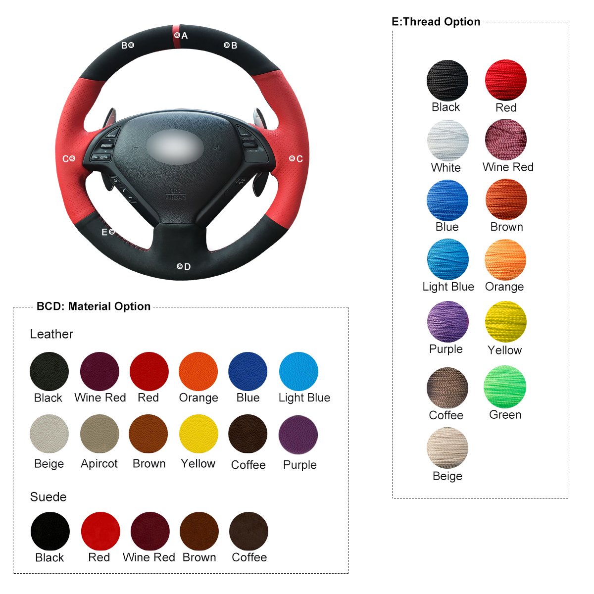 Personalizado rojo artificial cuero negro ante funda para volante de coche para Infiniti G25 G35 G37 QX50 EX25 EX35 EX37 2008 – 2013 con marcador rojo