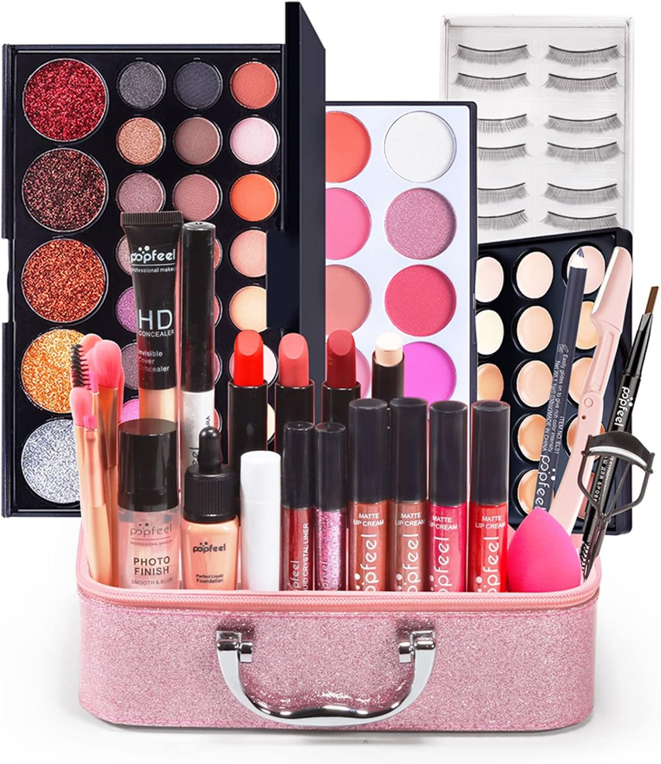 Complete make-upkit, cosmeticakoffer voor beginners, met oogschaduw, lippenstift, lipgloss, correctie, valse wimpers, verrassing, cadeau, make-uppalet voor vrouwen, dagelijks gebruik en reizen