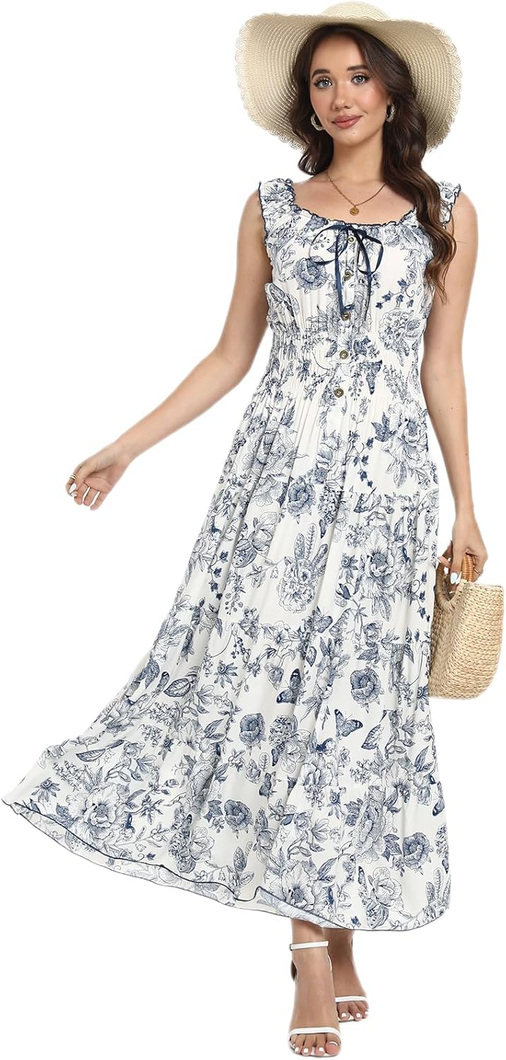 OSTOO Women's 2025 Summer Boho Floral Print Tiered Casual Flowy Long Maxi Dress - Image 4