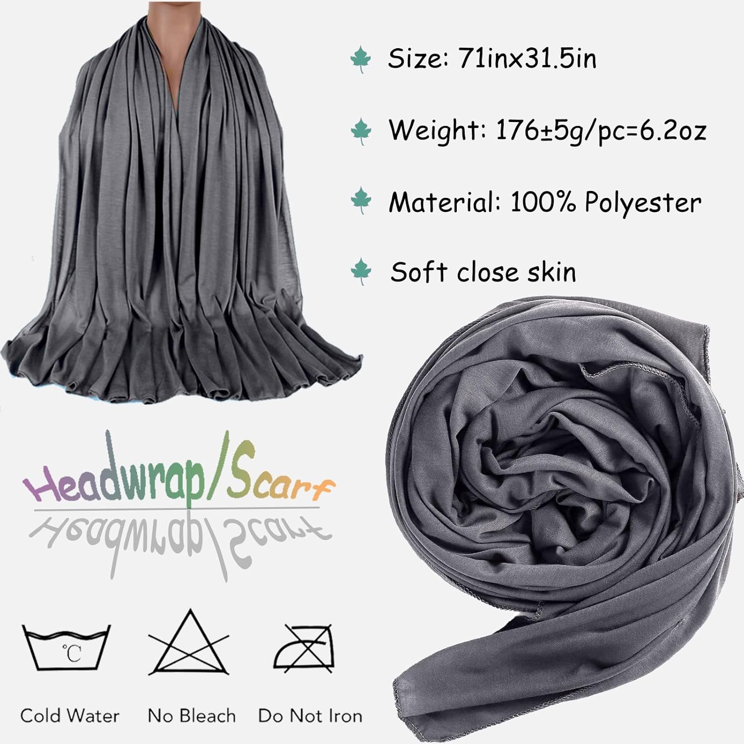 ZRQ 1 Pieces Dark Grey Stretch Hijab Extra Long Solid Color African Shawl Hair Scarfs Jersey Turban Fashion Head Scarf Soft Head Wraps for Black Women - Image 2