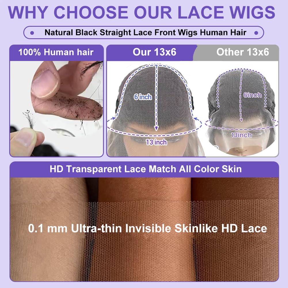 ALI PANDA [2-YEAR Life & 100% Human Hair, 200% Density 13x6 Skinlike HD Straight Lace Front Wigs Human Hair Pre Plucked, [0.1mm Ultra-Thin HD Lace], Natural Black 30 Inch