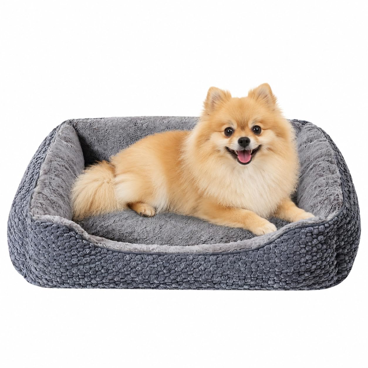 Oveppy Small Dog Bed Washable, Super Soft Rectangle Dog Beds with Raised Edge, Fluffy Anti Anxiety Pet Bed for Small Dogs, S Size, Grey