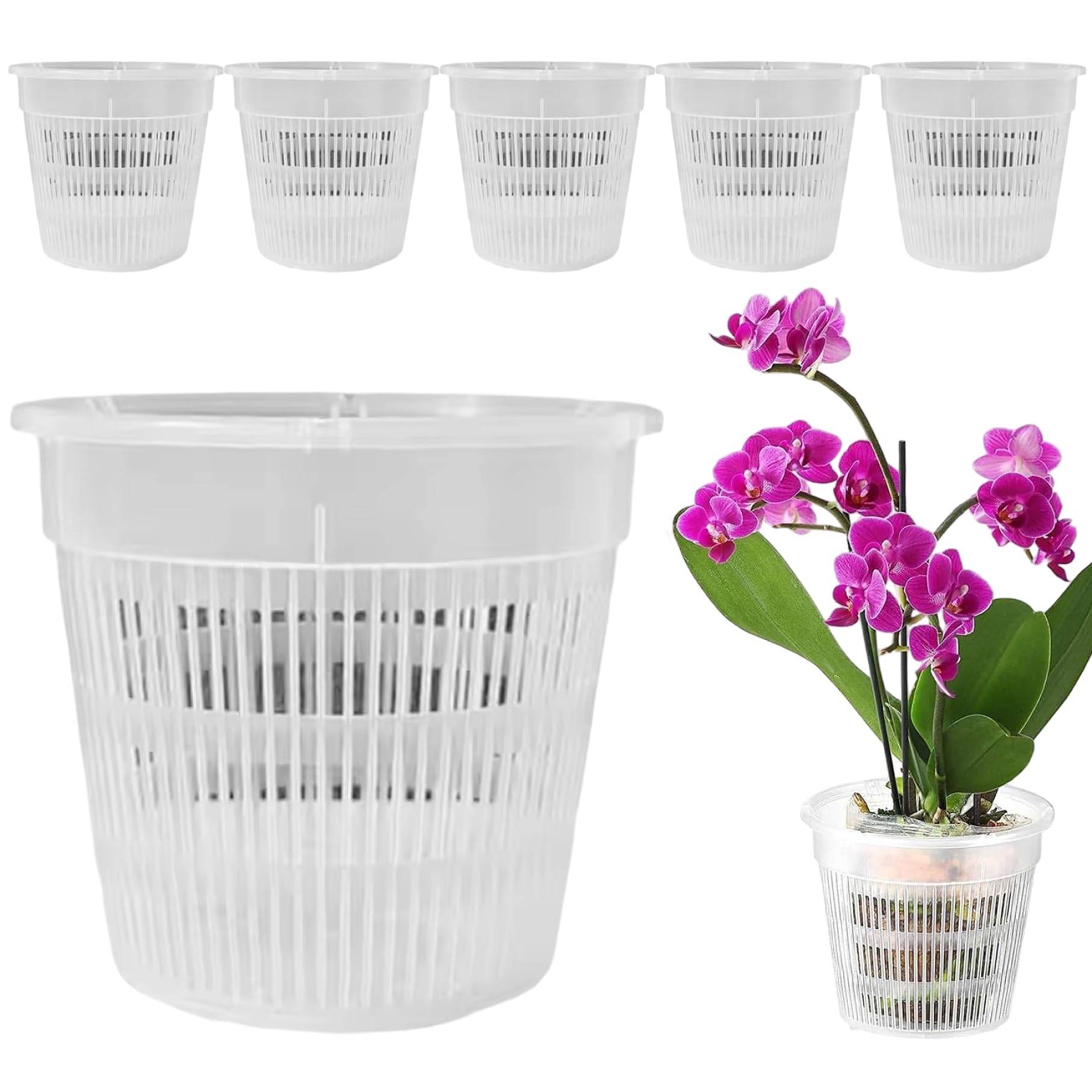 Licsaliwe White Orchid Pots 6-Pack, 5.5 Inch Plastic Orchid Planter For Repotting, Clear Nursery Pots With Drainage