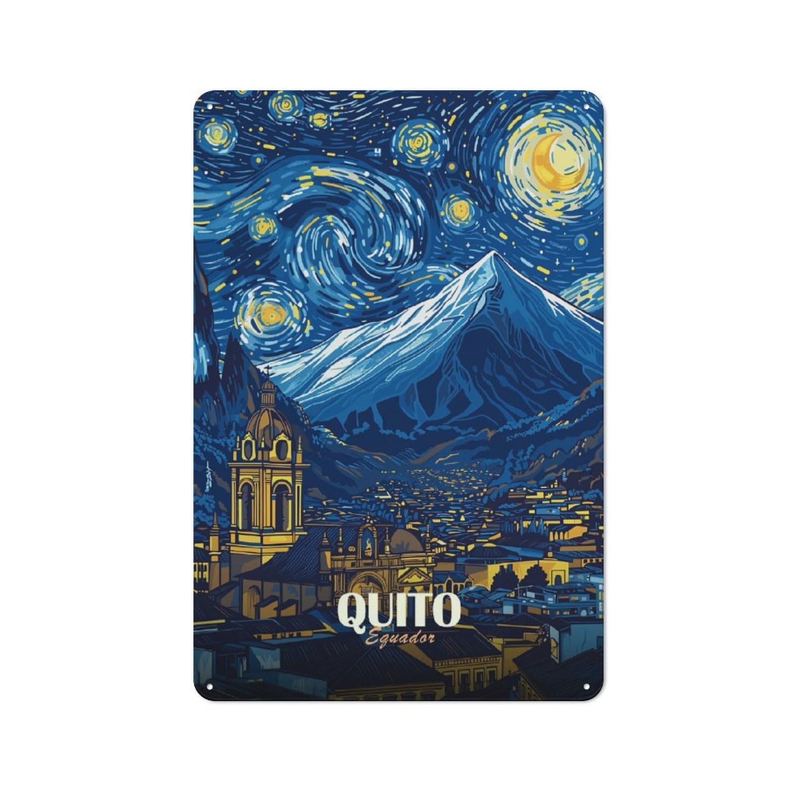 Junmoney Style-16 For Garage Or Workshop, Quito, Ecuador Starry Night Cityscape Rustic Metal Plaque 30X20cm, Suited To Wall Displays In Garages And Tool Rooms