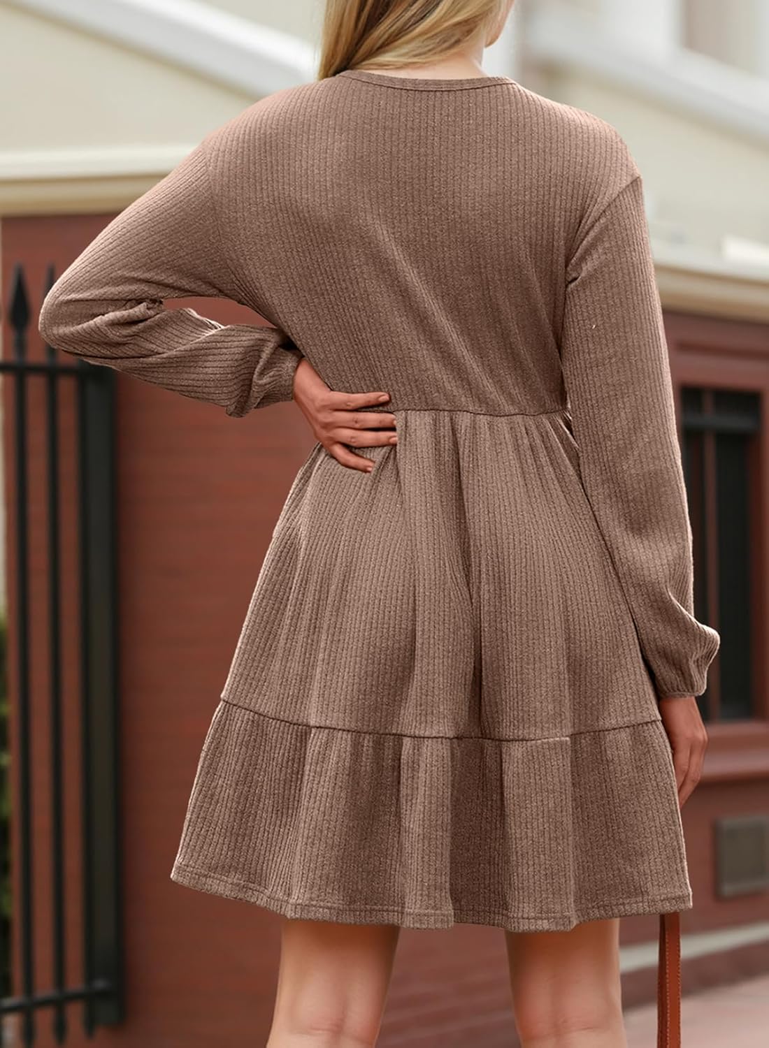 Dokotoo Spring Dresses for Women 2026 Long Sleeve V Neck Lightweight Ribbed Knit Empire Waist Casual A Line Swing Mini Dress - Image 2