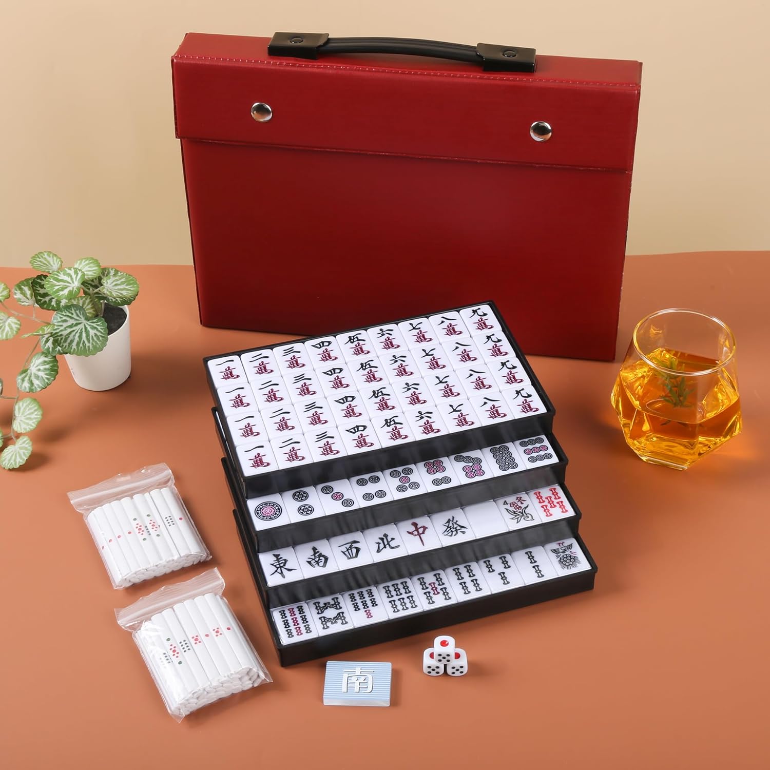 Japanese Riichi Mahjong Set, White and Yellow Tiles - with Red Box, East Wind Tile, Set of Scoring Sticks, Dices, and Mahjong mat.