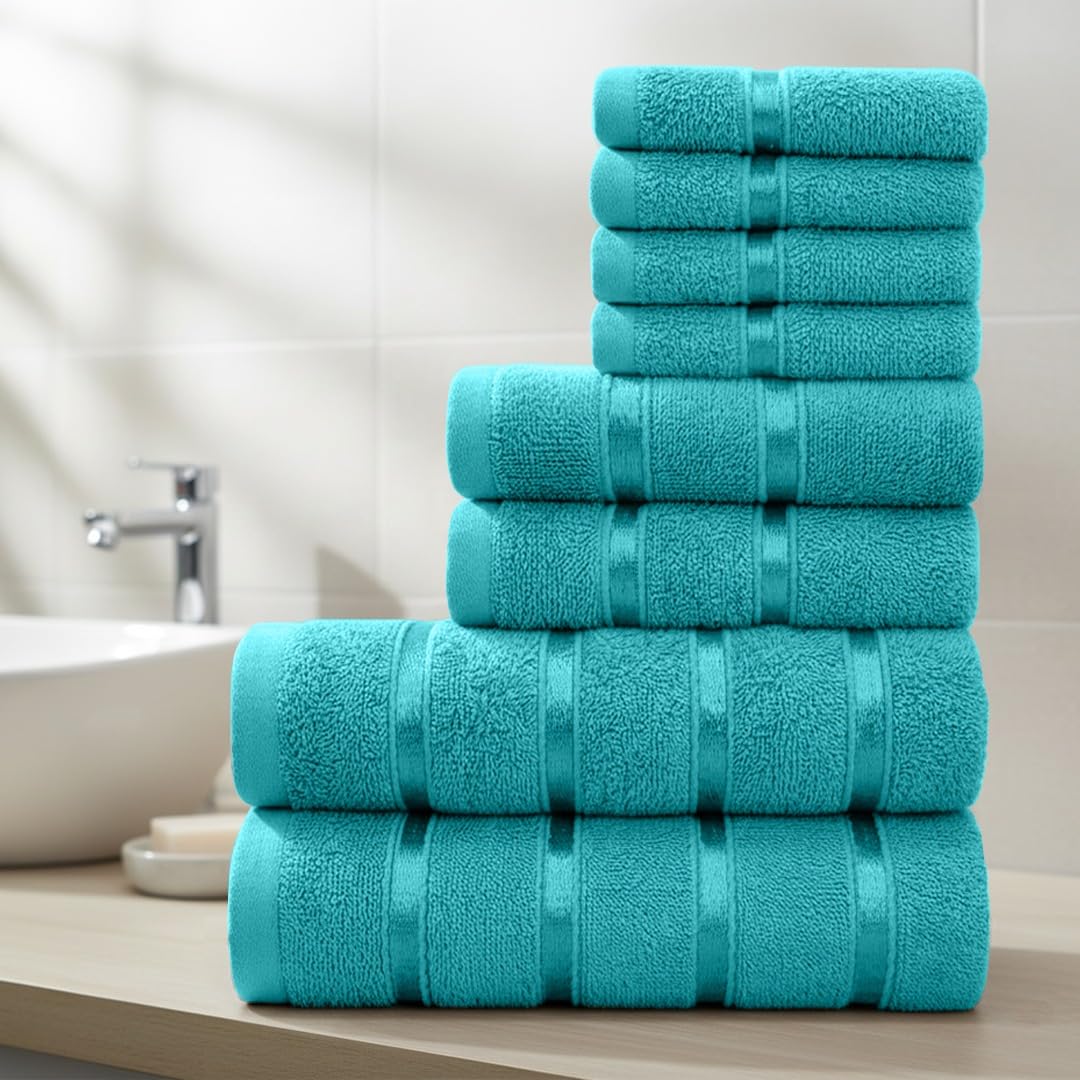 Casabella Towels Set - 8 Pc Towels for Bathroom - Bath Towel Set 100% Cotton - 2 Bath Towels, 2 Hand Towels, 4 Face cloth - Quick Dry Hotel Quality Bathroom Towels Bale Set Jade