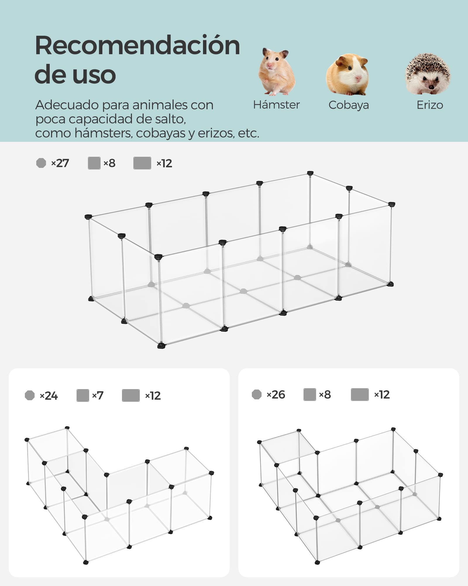 SONGMICS Valla para Mascotas, Parque para Cobayas con Suelo, Recinto Interior de Plástico Transparente para Hámsters, Conejos, Erizos, para Animales Pequeños, 143 x 73 x 46 cm, Blanco LPC02W