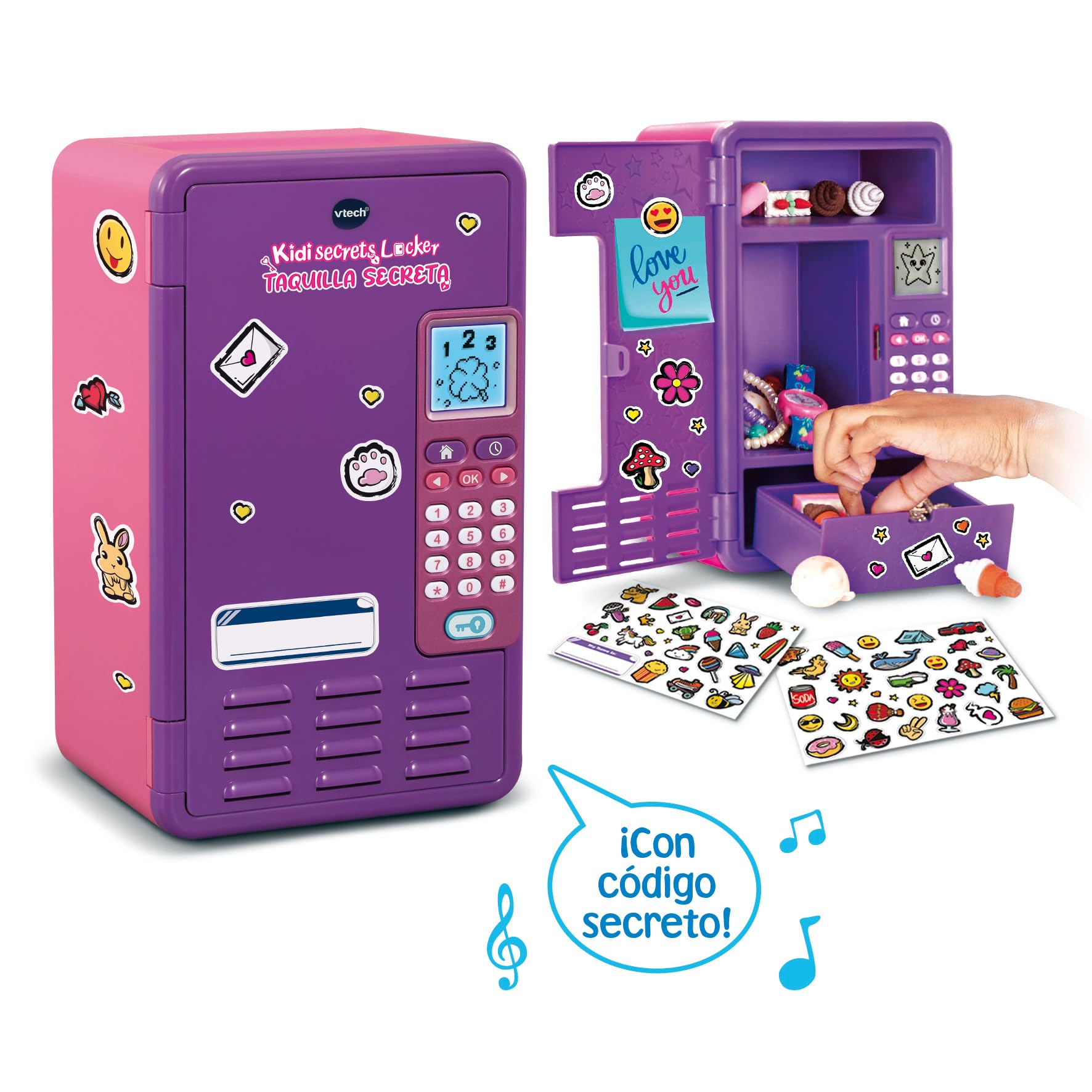 VTech - KidiSecrets Locker Taquilla Secreta, Caja Fuerte con código Secreto, Joyero niños, Personalizable, Pantalla LCD, Música, Alarma, Juguetes Electrónicos, Color Morado, Versión ESP