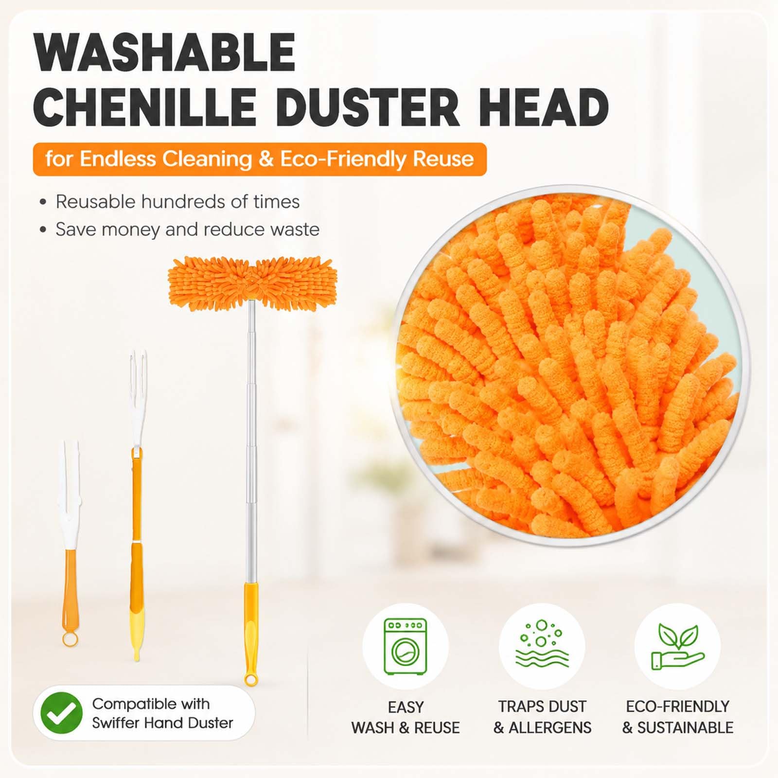 LOVECO 8 Staubwedel Waschbar mit Griff, passend für Swiffer Staubmagnet | 8 Nachfüllpack kompatibel mit Swiffer Duster, 1 Kurzgriff, 1 Wäschesack, Waschmaschine Chenille Tücher, Wiederverwendbar