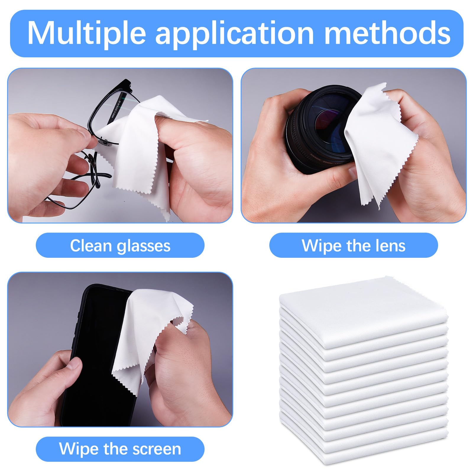 Paquete de 120 paños de limpieza de microfibra para gafas (5.5 x 5.5 pulgadas), paños de limpieza de lentes de microfibra blanca para gafas, lentes, cubiertos, cámara, teléfonos y portátiles