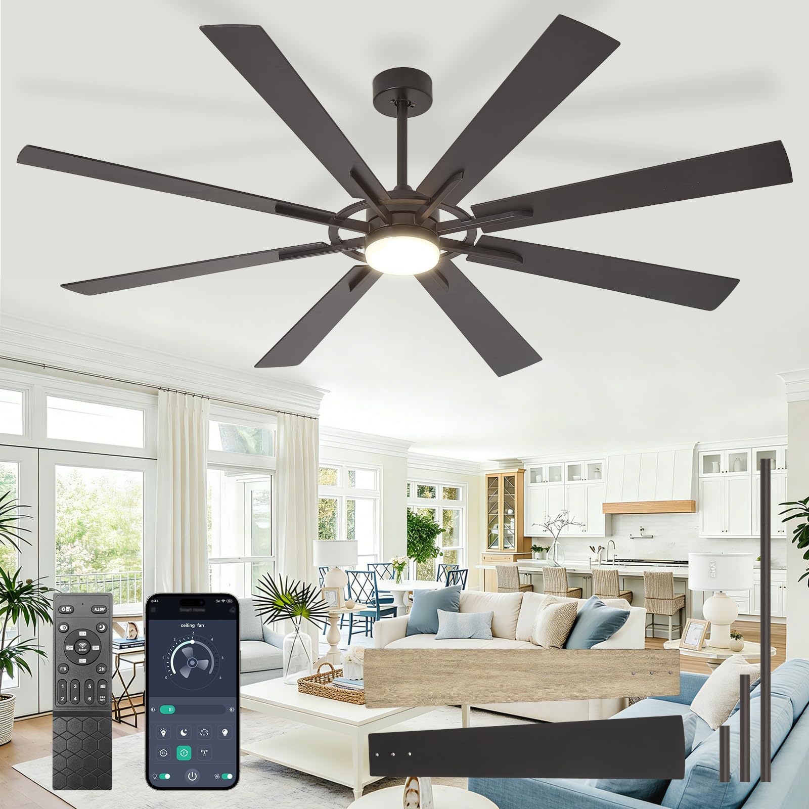 Large Ceiling Fans with Lights Modern 72 Inch 8 Blade Outdoor Ceiling Fan with Remote APP Control -