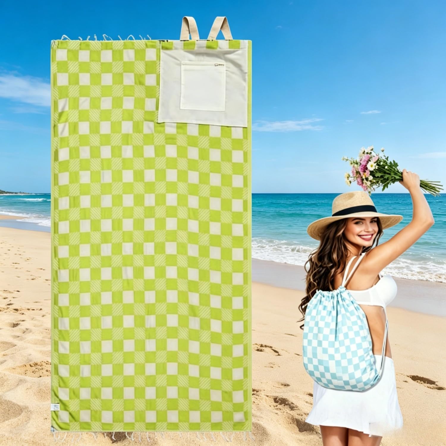 2 in 1 beach towel bag, 2-in-1 Convertible Towel & Backpack with Inner Zip Pocket & Sand-Repelling Fabric - Oversized Microfiber Wearable Beach Bag (#B) — image 1