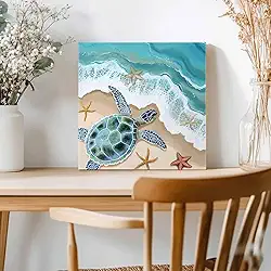 Arte de parede em tela - pinturas emolduradas de tartarugas e praias, imagens em tela para quarto, sala de estar, spray de estrela-do-mar, decoração de casa, 20 x 20 cm, decoração de parede pronta