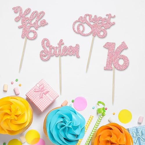 Miniatura 3 de 24 piezas de decoración para cupcakes de 16 cumpleaños con purpurina Hello 16 Sweet 16 Sweet 16 Cupcake Pick 16 años de edad, decoración para