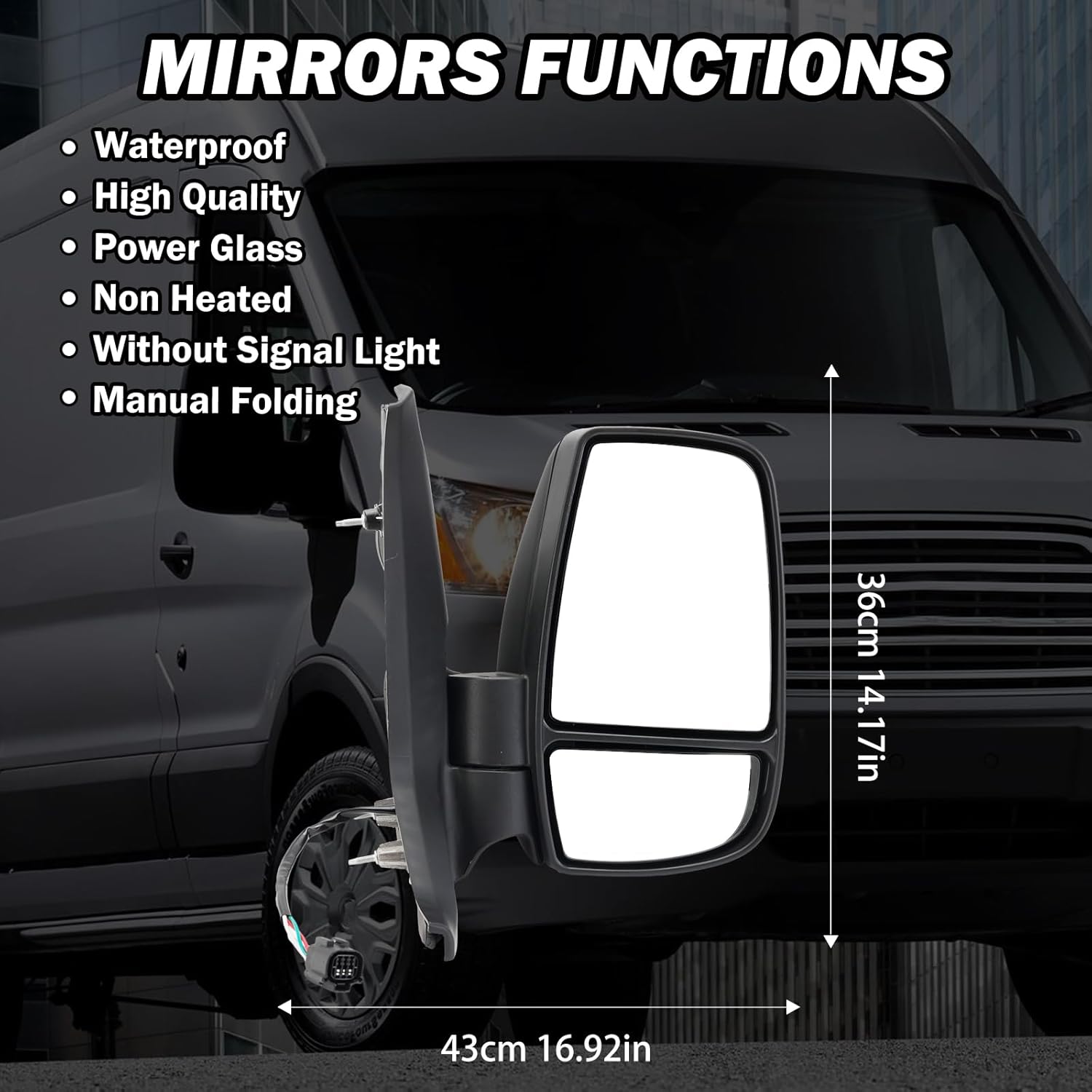 Passenger Side Mirror,Mirror Compatible with 2015-2025 Ford Transit 150 250 350 350 HD,Transit Side View Power Glass Towing Without Signal Light Non Heated,Black(Short Arm)