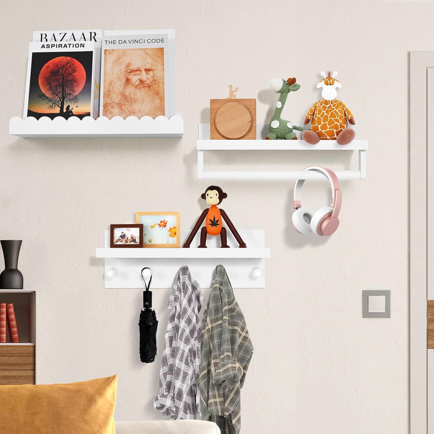 Ollieroo Set of Four Floating Book Shelves for Wall, Nursery Book Shelf for Kids Room, Bamboo Wood Hanging Bookshelf for Baby Teen Boys Girls, Wall Mounted Shelves for Bedroom Bathroom Decor(Wavy)