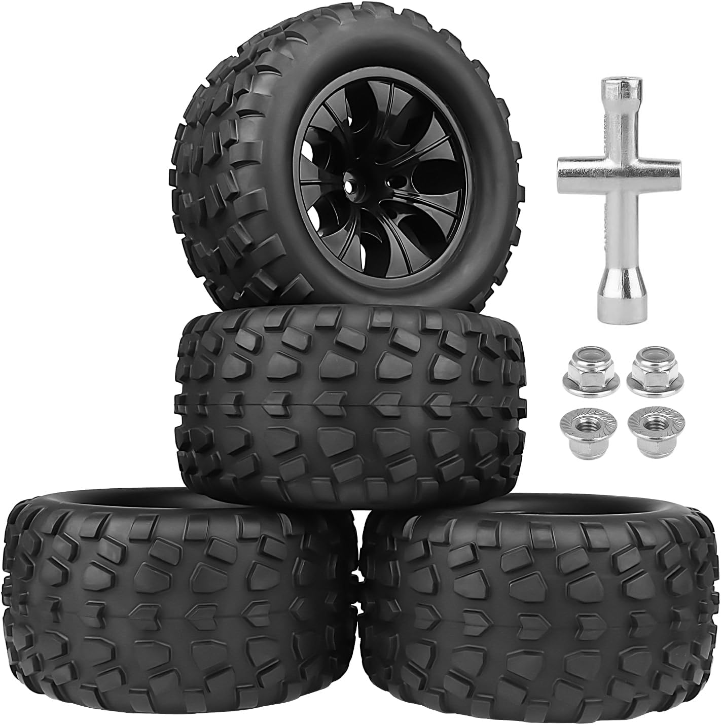 Pre-Glued 2.8 Tires 1/10 Scale RC Truck Wheels and Tires 12mm Hex for Traxxas Rustler Stampede 4x4 & 2WD Slash Hoss 4WD Redcat Volcano Epx Pro, Set of 4