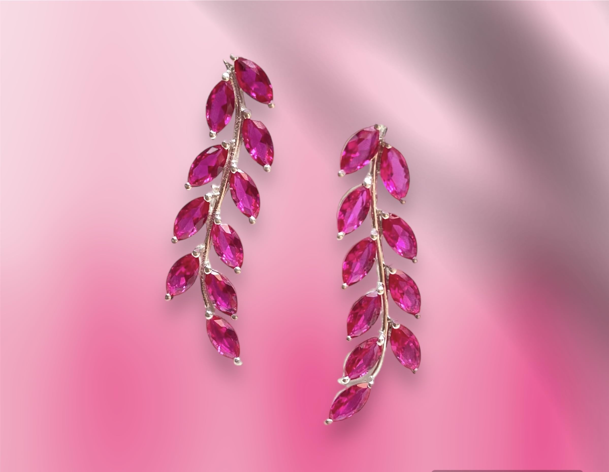 Rosa caldo CZ pietra preziosa foglia Orecchini | Gioielli Barbie fatti a mano in argento sterling 925