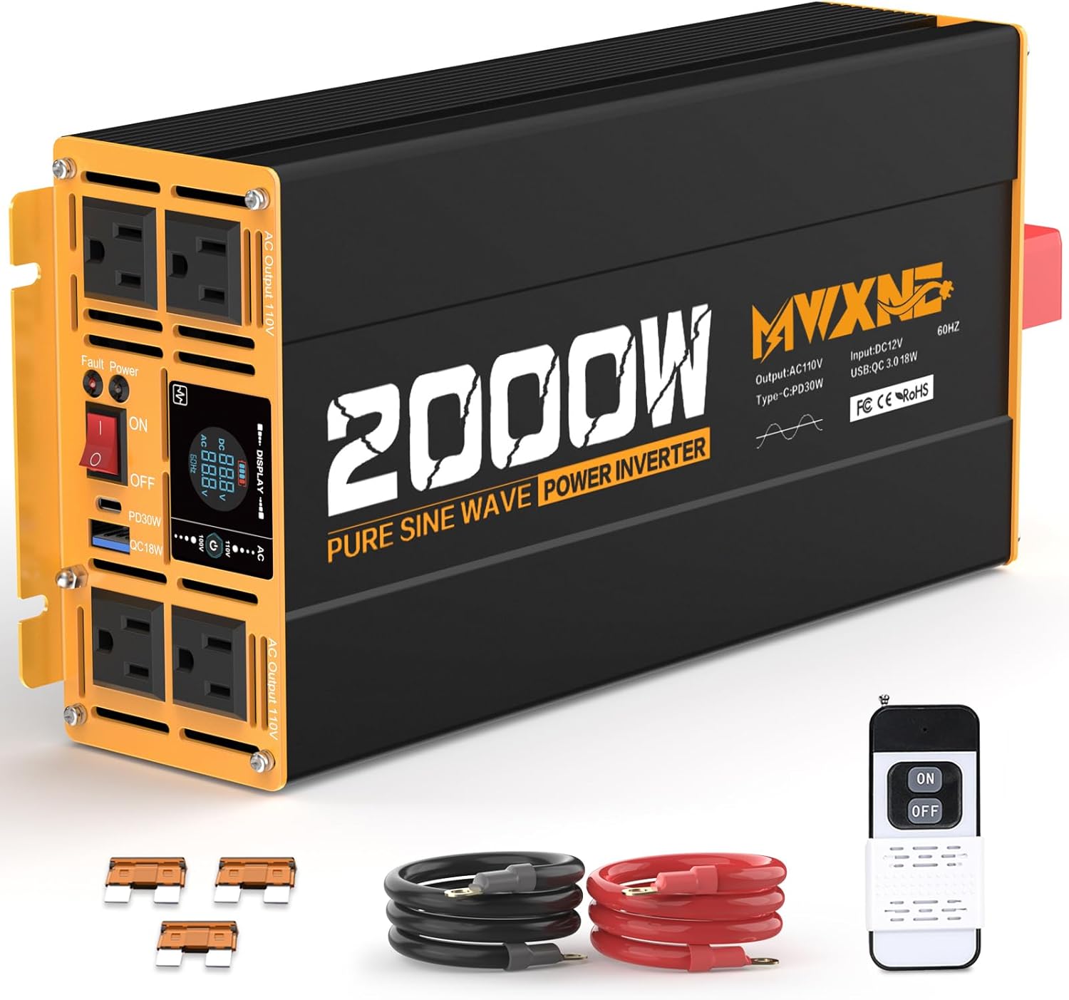 2000W Pure Sine Wave Inverter 12V DC to 110V 120V AC Automotive Converter for RV Truck Off-Grid Photo voltaic Energy Inverter with 4 AC Retailers, USB/Kind-C Quick Charging Ports, LCD Show, Distant Management