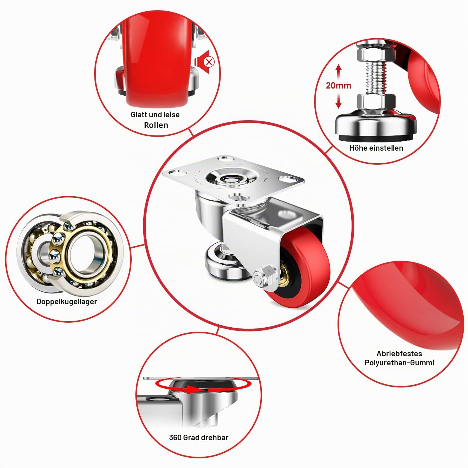5,1 cm Nivellierplattenrollen mit verstellbarem Anti-Vibrations-Nivellierfußpolster, robuste Lenkrollen für Werkbank, Maschinenausrüstung, Möbel, Rot, 4 Stück, Gesamtkapazität 500 kg