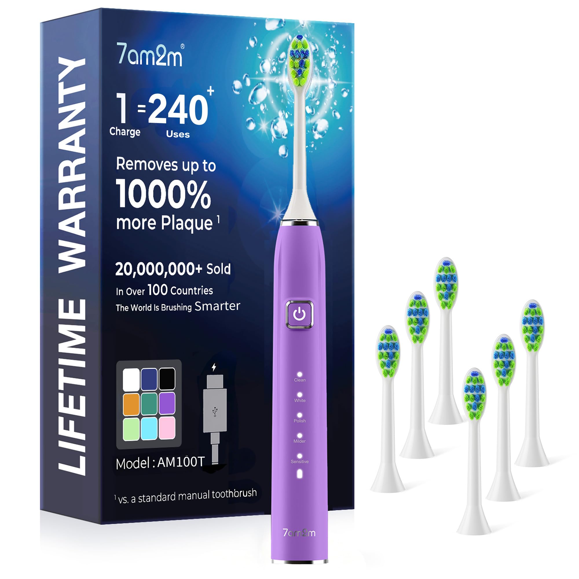 7AM2M Sonic Electric Toothbrush for Adults,Type-C Charging Run for 120 Days