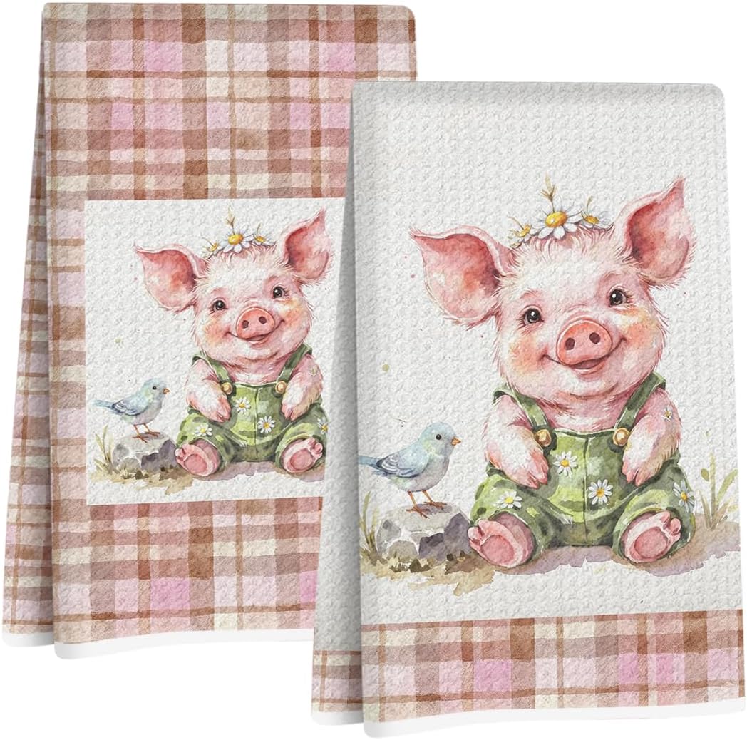 Jztco 2 Pcs Cute Pig Kitchen Towels, Plaid Pink Soft Absorbent Hand Tea Towel, Microfiber Dish Cloths for Drying Dishes, Waffle Dish Towels for Kitchen Bathroom Decor, Pig Gifts for Women Mom Grandma