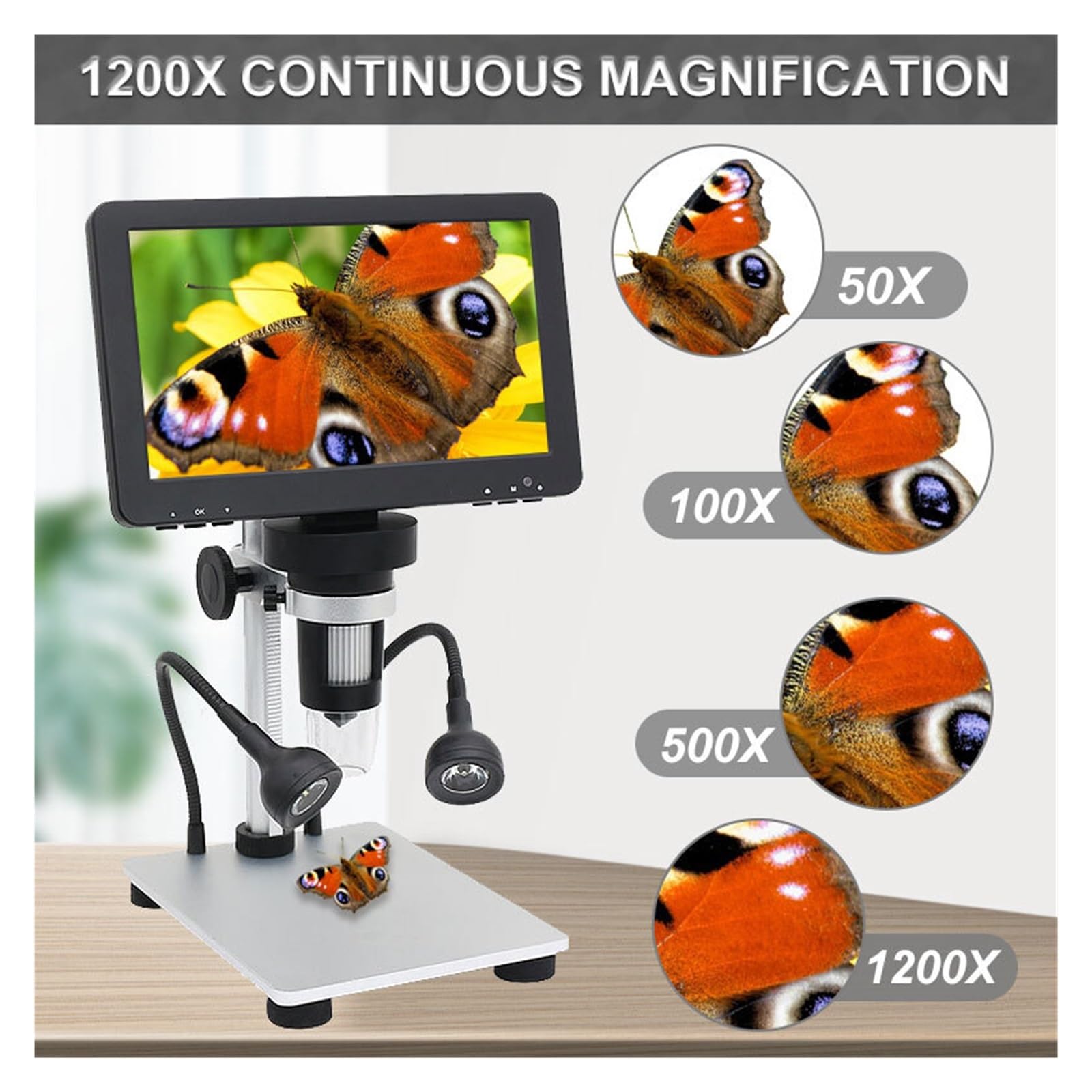 Digitales Mikroskop, 1200X LED Digitalmikroskop 7" HD Display Videomikroskop Uhr Reparatur Hauterkennung Industriemikroskop Mit Metallhebebasis