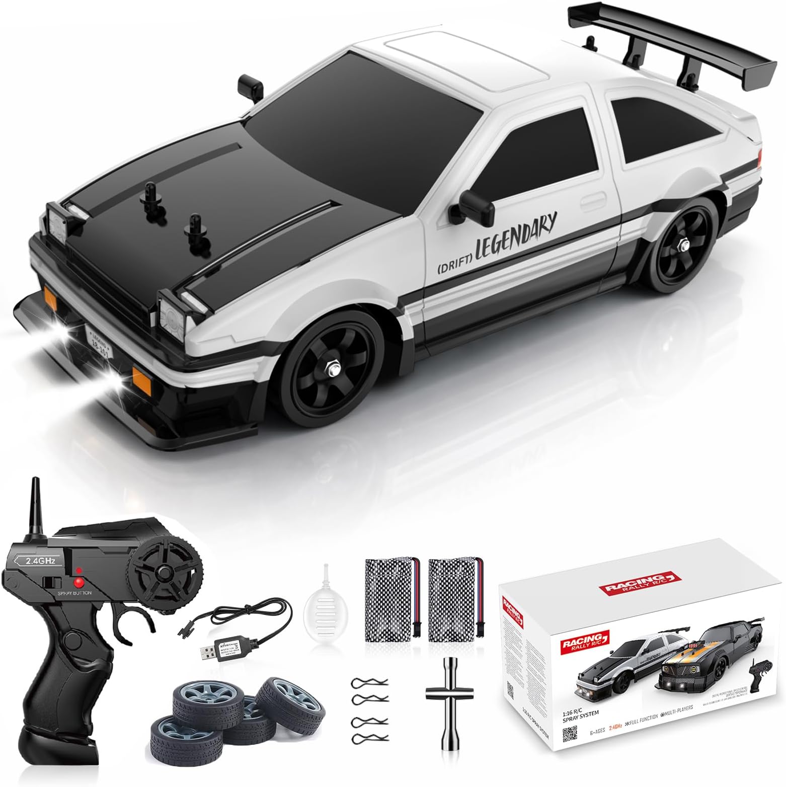 Remote Control Car RC Drift Car 2.4GHz 1:16 Scale 4WD 18KM/H High Speed Model Vehicle with LED Lights Spray Rubber Tire for Adults Kids 2Pcs Rechargeable Batteries,multicolor