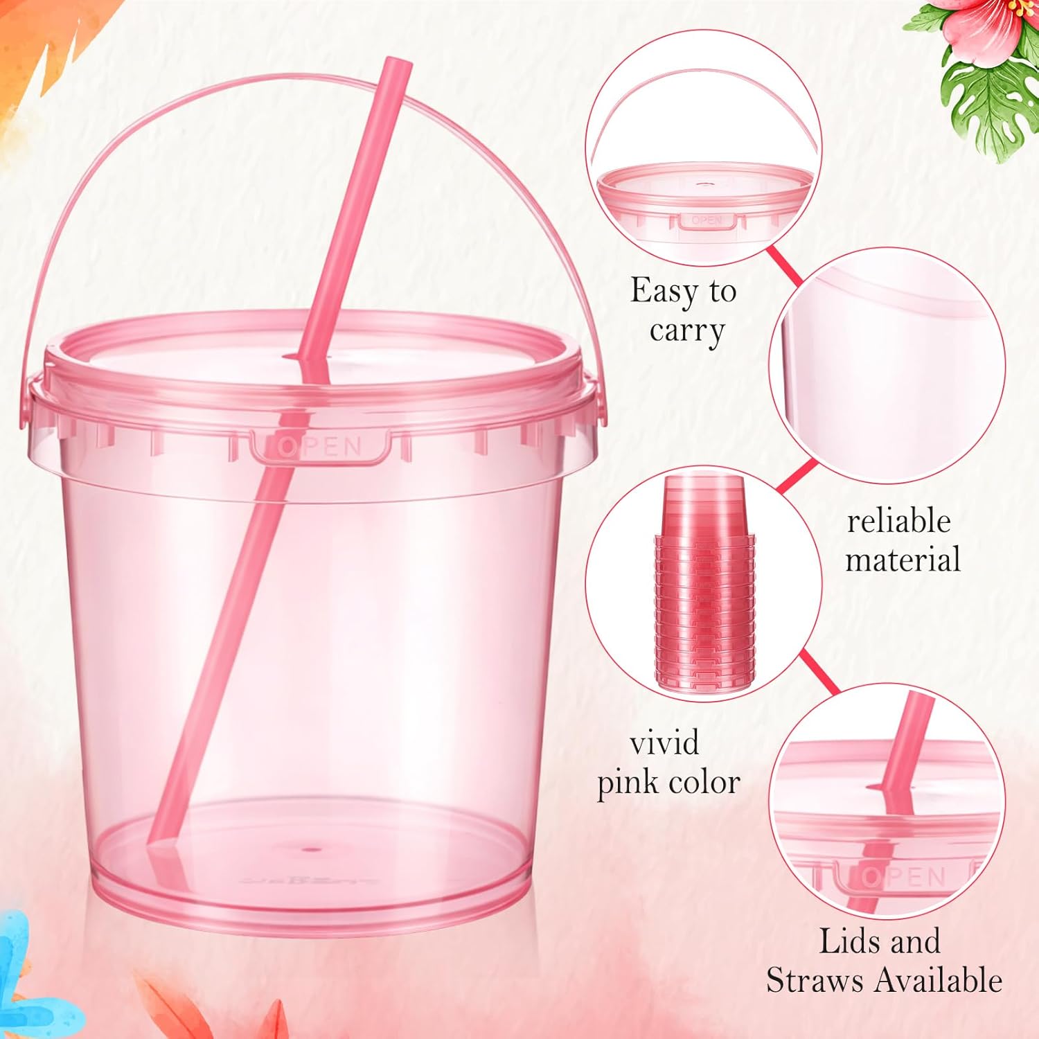 30 Set 34 oz Pink Plastic Drink Buckets with Lids and Straws Disposable Clear Iced Coffee Cups Plastic Bucket Cups for Smoothies Summer Drink Pool Beach Pink Theme Party Supplies